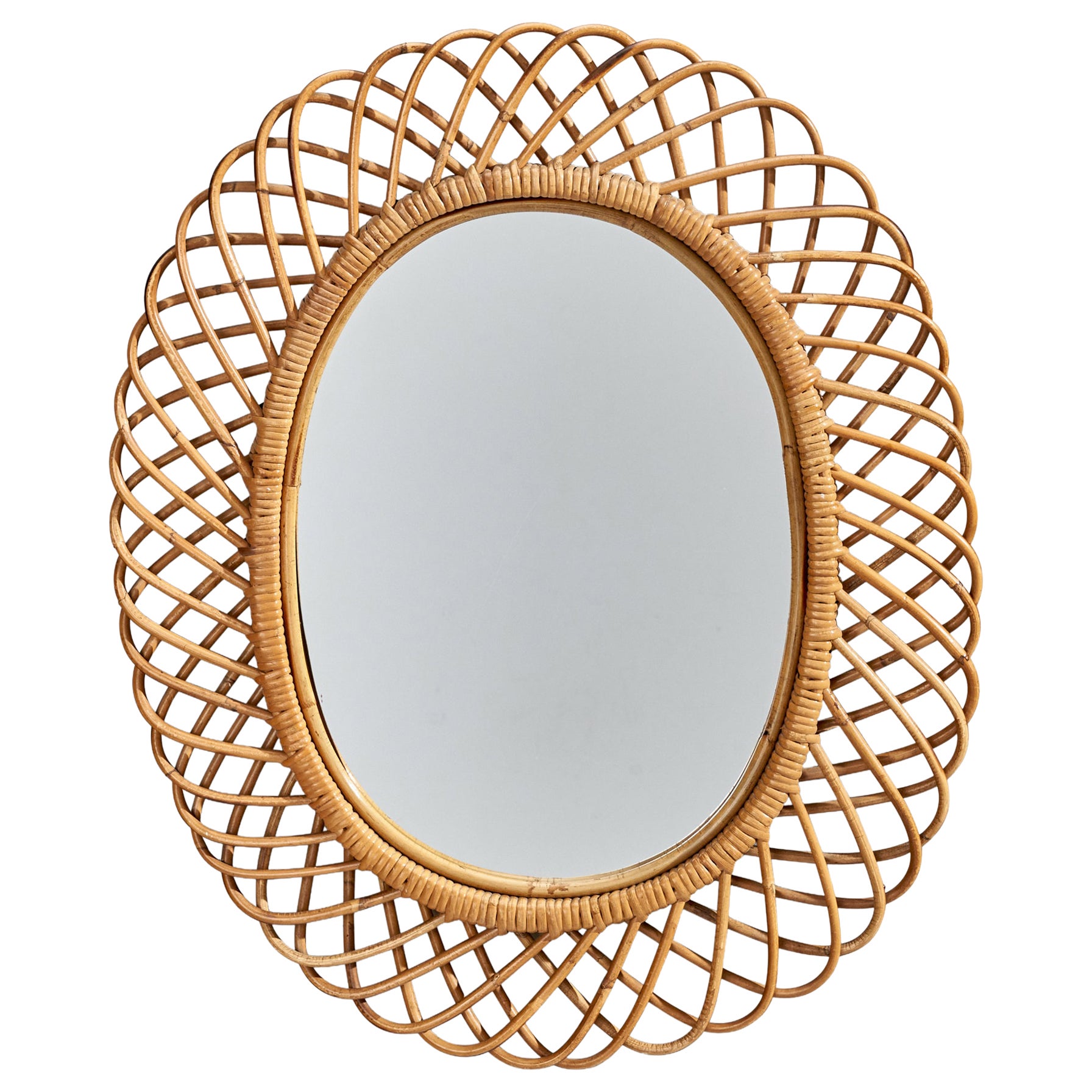 Italian Designer, Wall Mirror, Rattan, Italy, c. 1950s For Sale