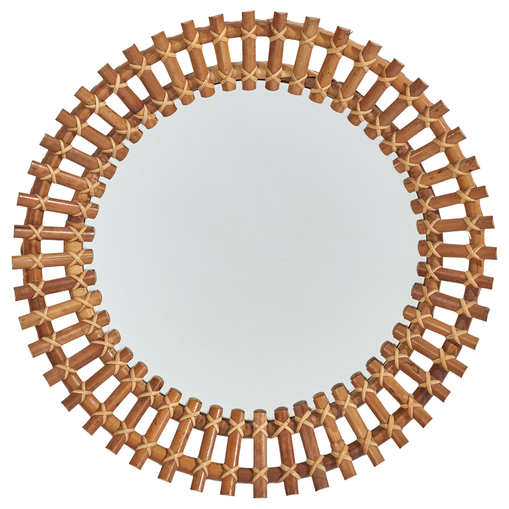 Miroir mural circulaire de designer italien, rotin, miroir en verre, Italie, C.C. 1950s