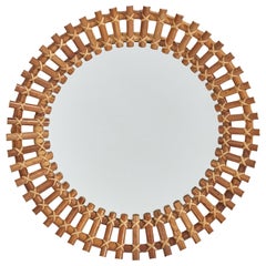 Specchio da parete circolare di design italiano, rattan, vetro a specchio, Italia, anni '50 circa