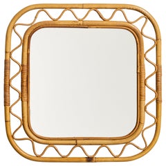 Specchio da parete di design italiano, rattan, vetro a specchio, Italia, 1950 ca.