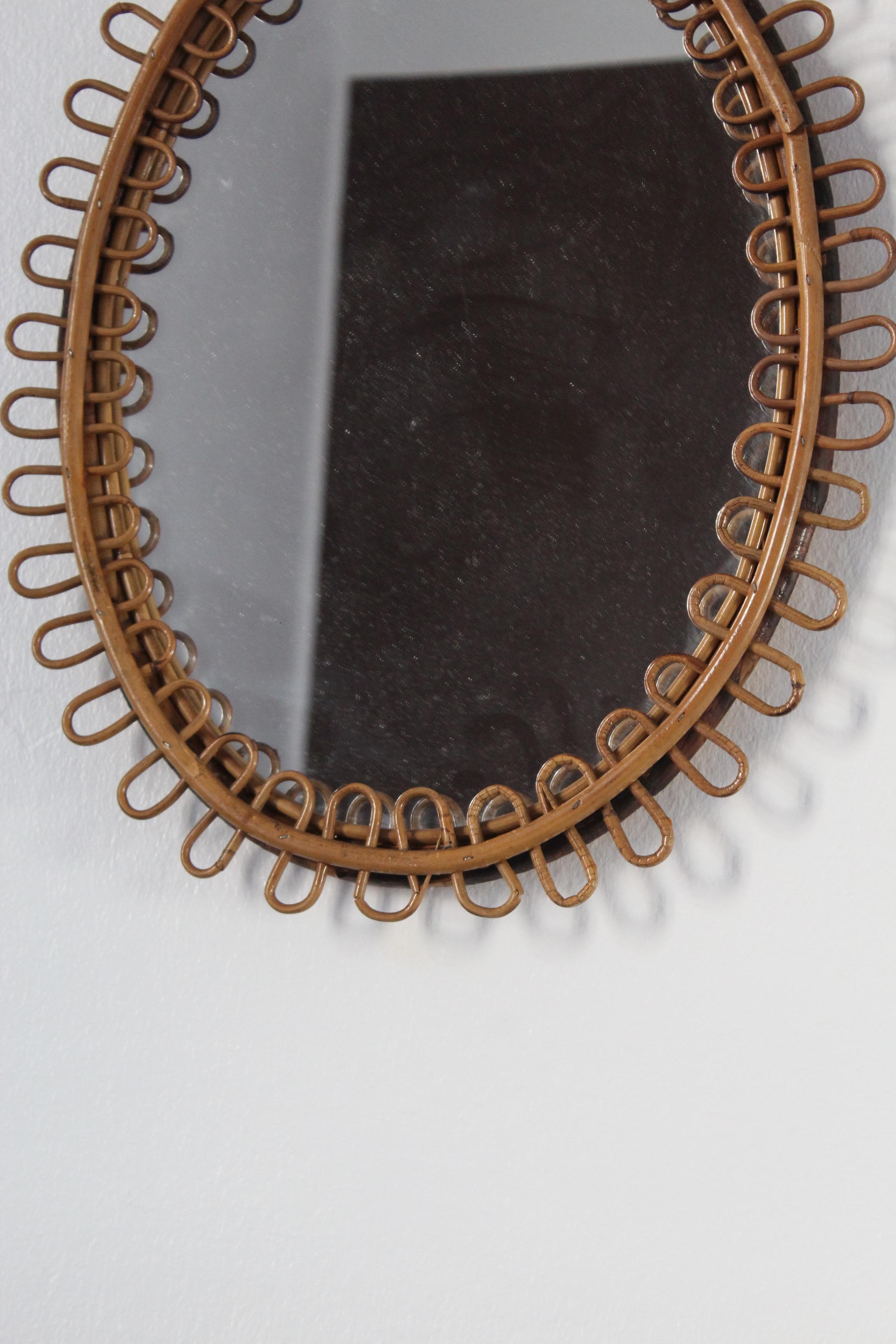 Italian Designer, Wall Mirror, Rattan, Mirror Glass, Italy, 1950s In Good Condition In High Point, NC