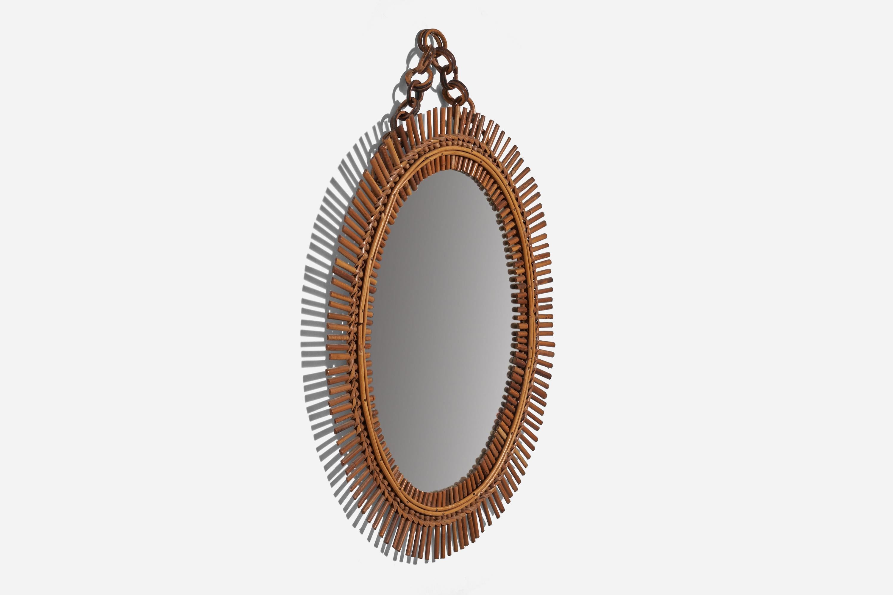 Mid-20th Century Italian Designer, Wall Mirror, Bamboo, Rattan, Mirror Glass, Italy, 1950s For Sale