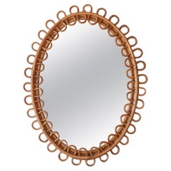 Italian Designer, Wall Mirror, Rattan, Mirror Glass, Italy, 1950s