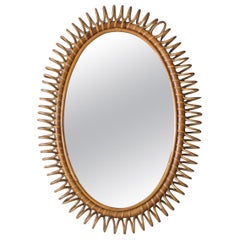 Italian Designer, Wall Mirror, Rattan, Mirror Glass, Italy, 1950s