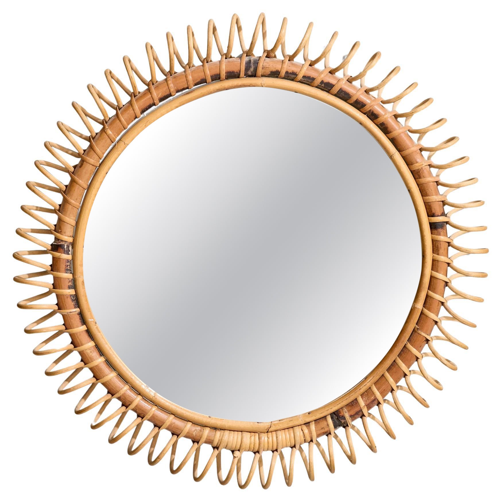 Italian Designer, Wall Mirror, Rattan, Mirror Glass, Italy, 1950s