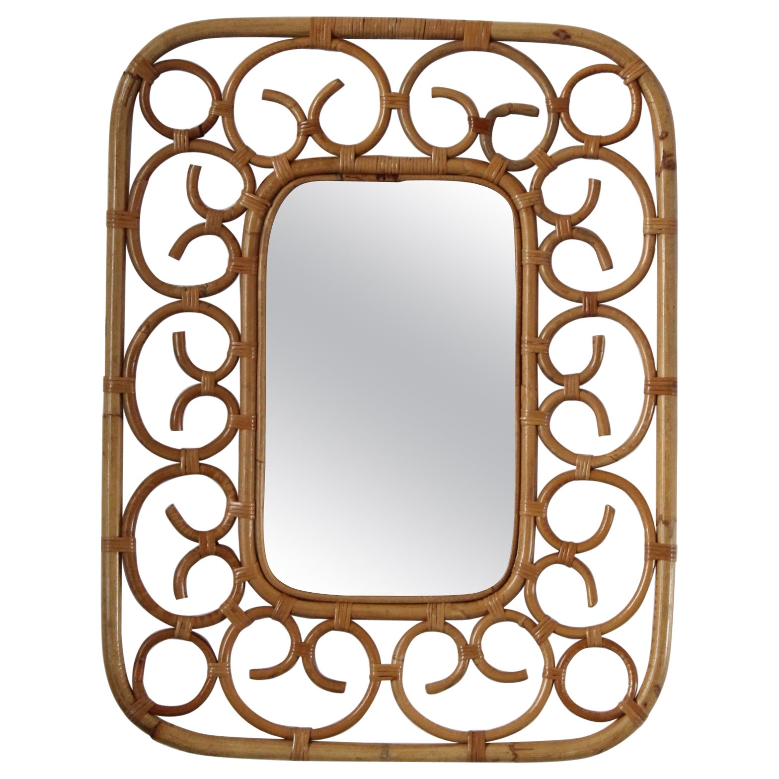 Italian Designer, Mirror, Rattan, Mirror Glass, Italy, 1950s For Sale