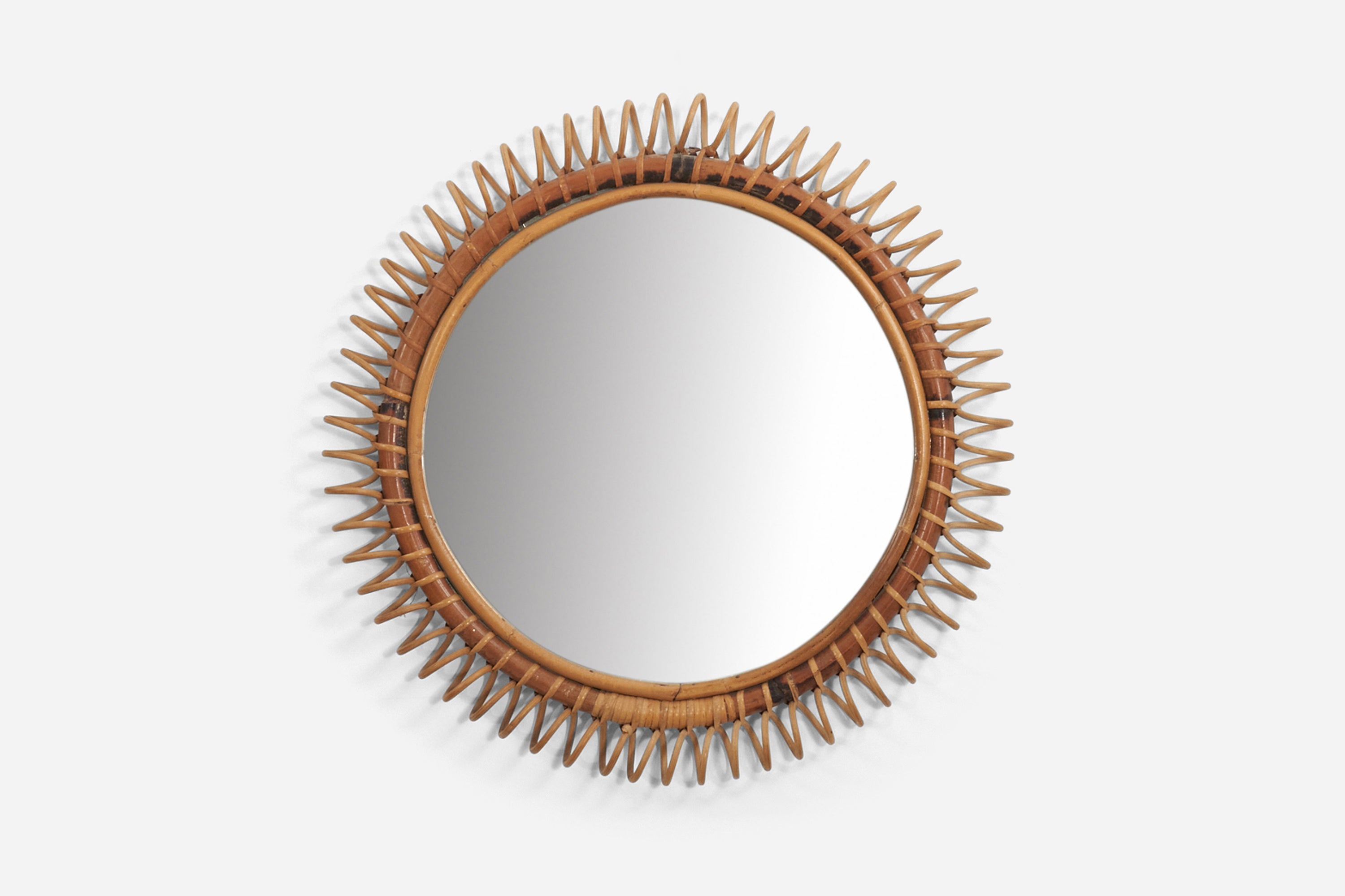 Italian Designer, Wall Mirror, Rattan, Mirror Glass, Italy, 1950s For Sale