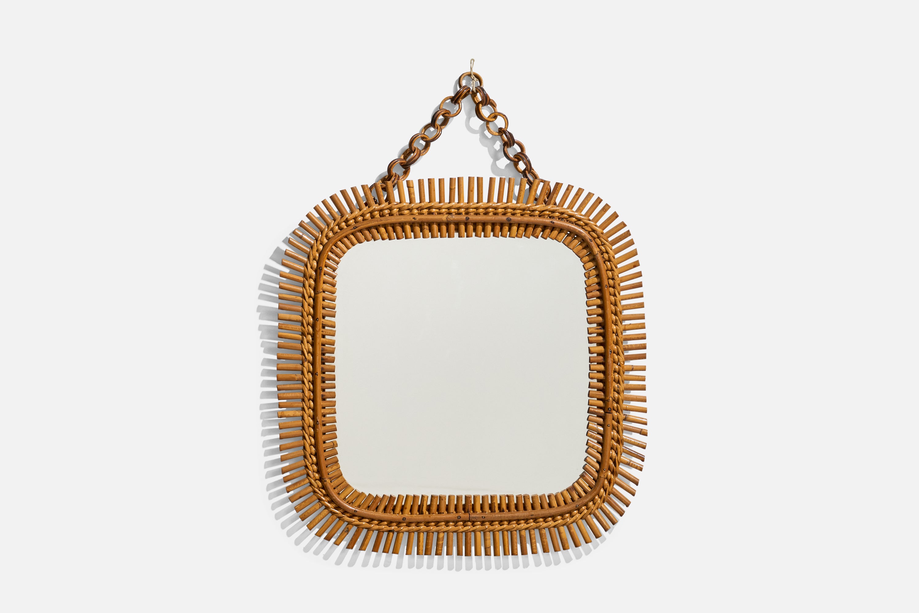 Diseñador italiano, espejo de pared, ratán, espejo de cristal, Italia, años 1950