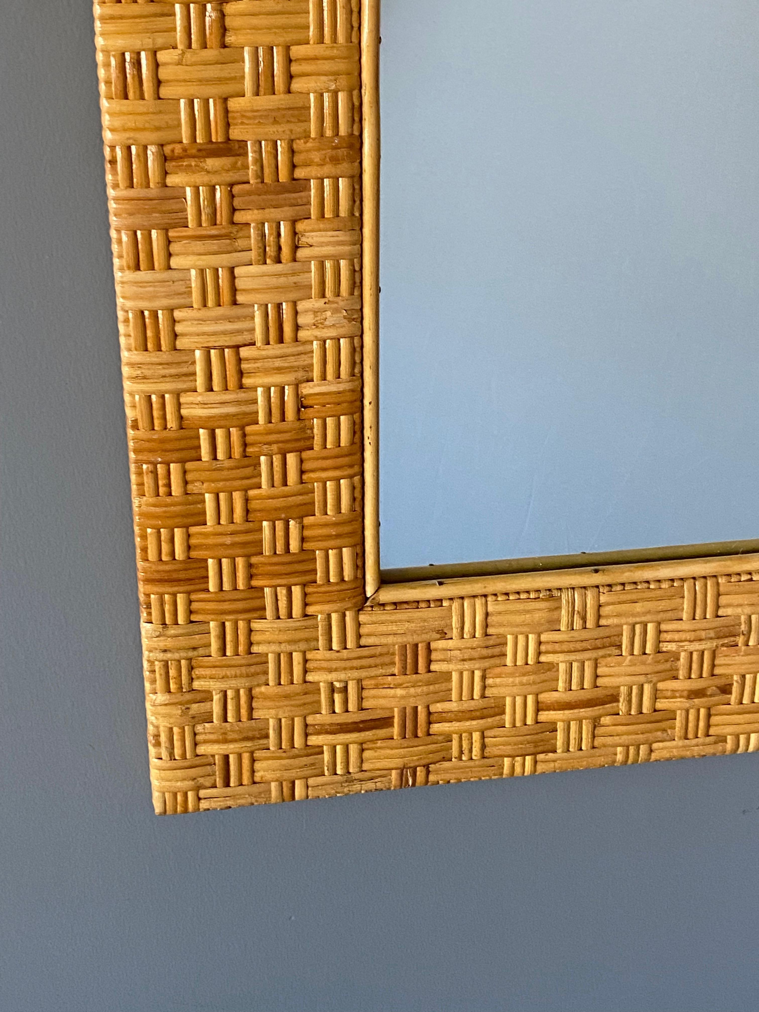 Mid-Century Modern Italian Designer, Wall Mirror, Rattan, Mirror Glass, Italy, 1960s