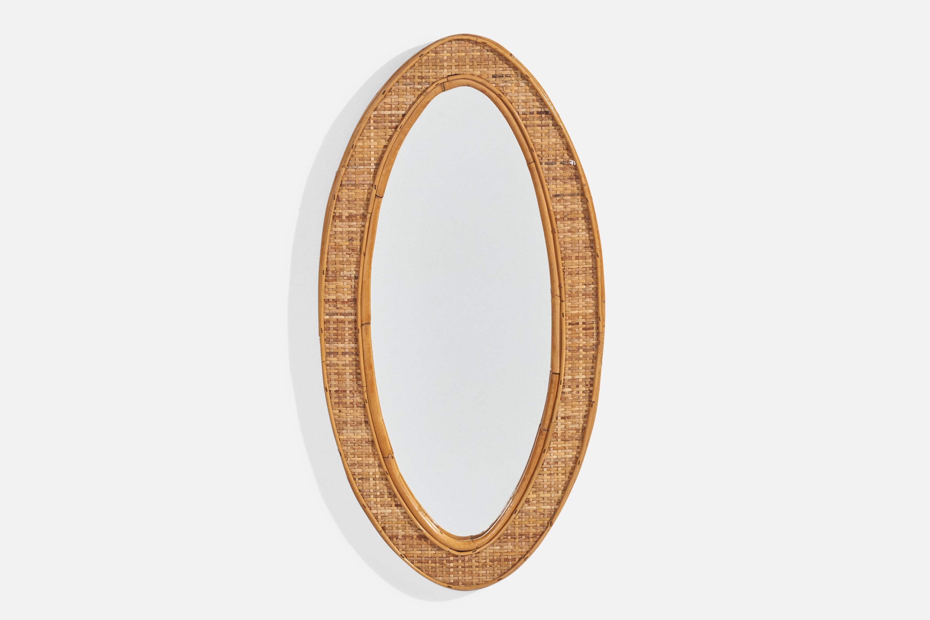 Italian Designer, Wall Mirror, Rattan, Mirror Glass, Italy, 1970s