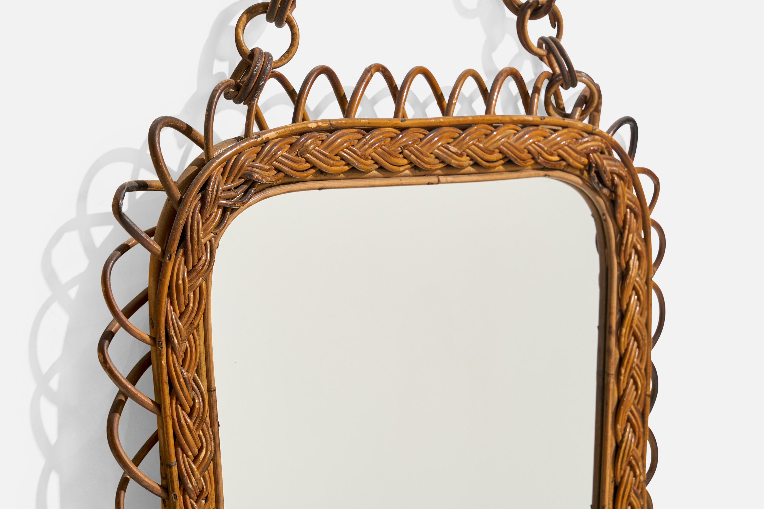 Italienischer Designer, Wandspiegel, Rattan, Spiegelglas, Italien, ca. 1950er Jahre im Angebot 1