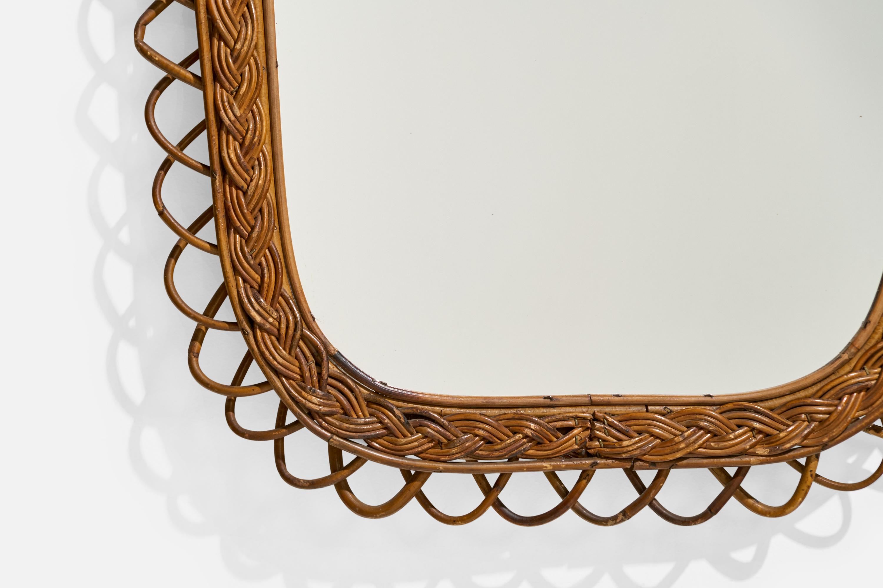 Italienischer Designer, Wandspiegel, Rattan, Spiegelglas, Italien, ca. 1950er Jahre im Angebot 3