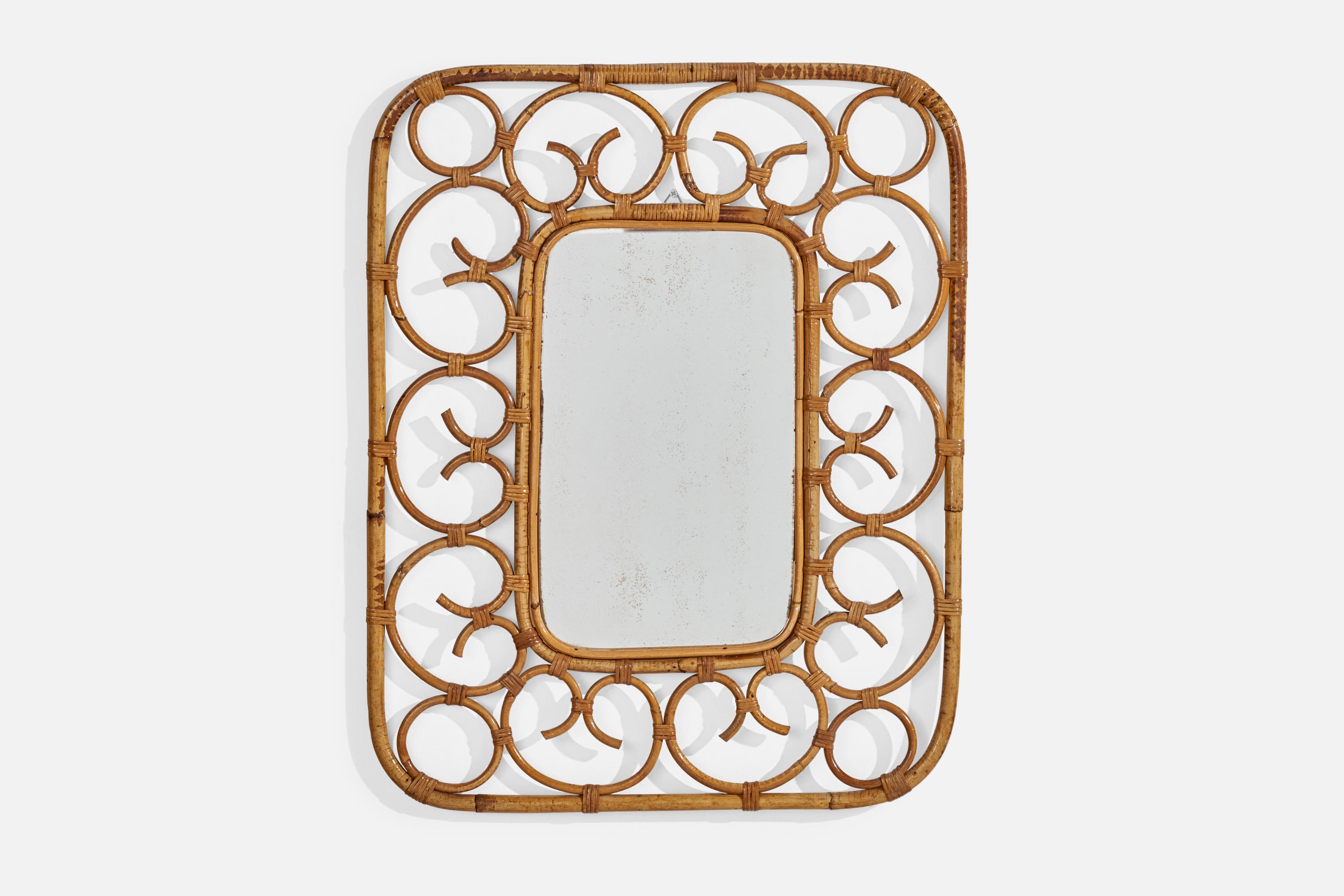 Mid-Century Modern Miroir mural de designer italien, rotin, miroir en verre, Italie, c.1950s en vente