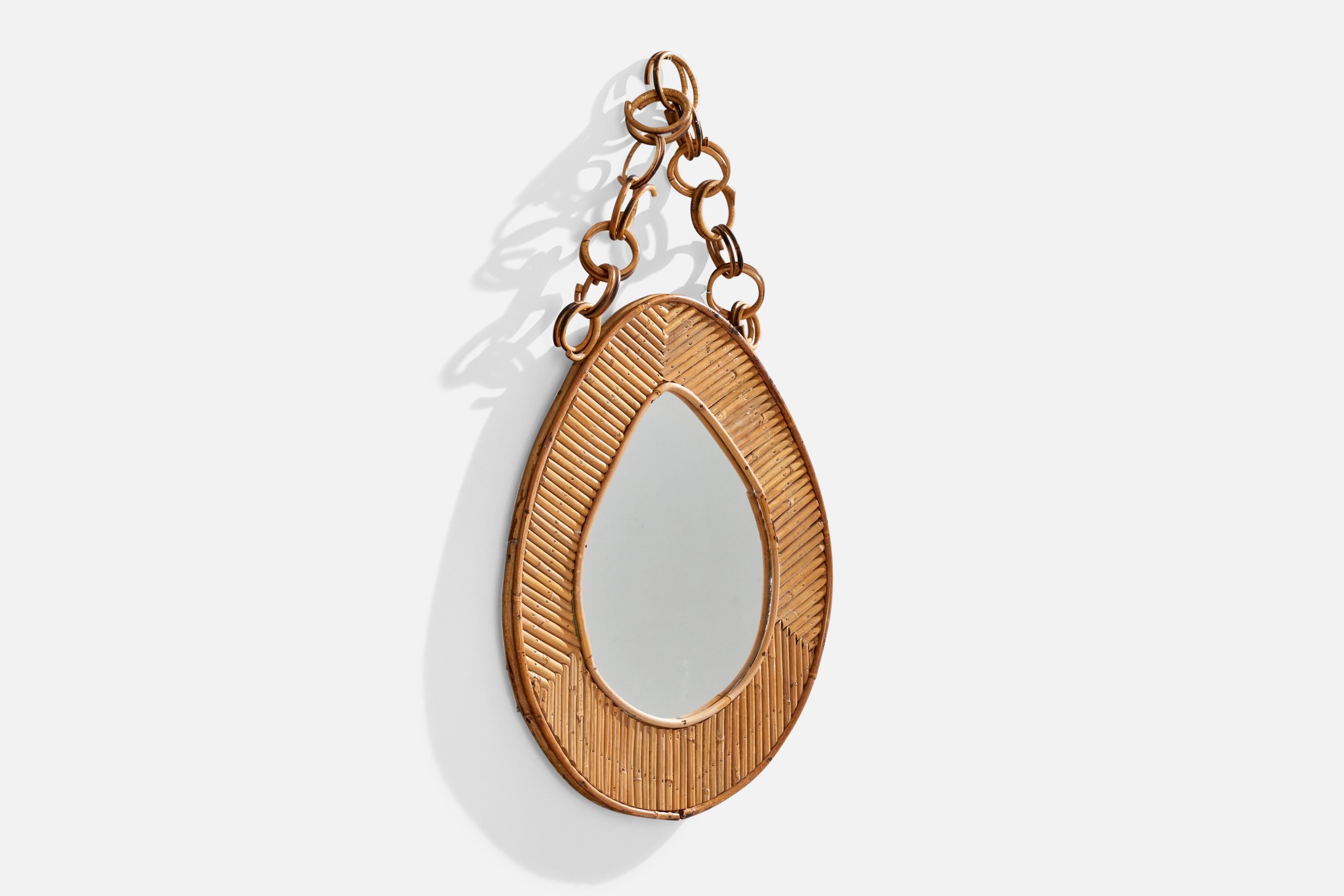 Mid-Century Modern Italian Designer, Wall Mirror, Rattan, Mirror Glass, Italy, c. 1950s For Sale
