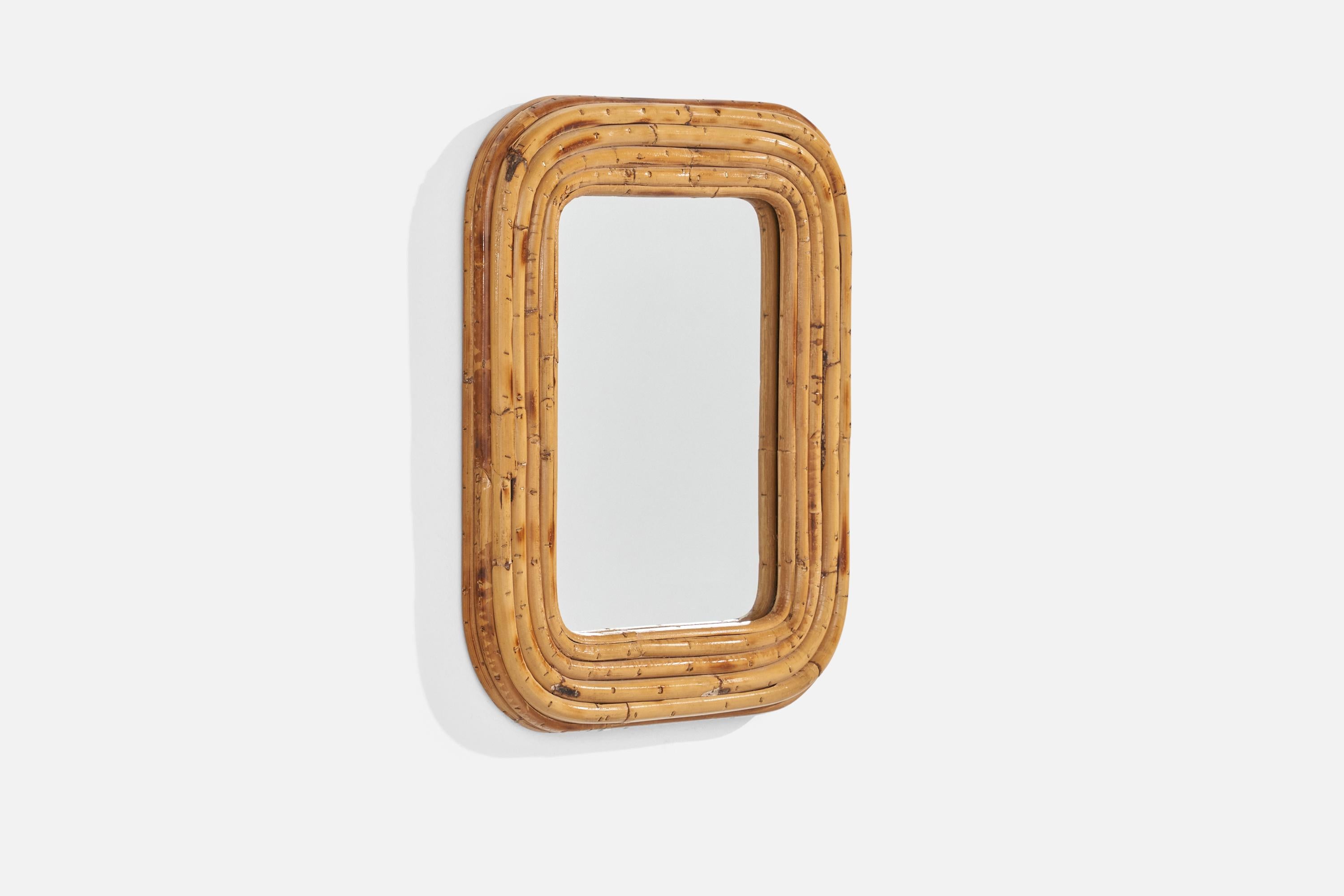 Mid-Century Modern Italian Designer, Wall Mirror, Rattan, Mirror Glass, Italy, c. 1950s For Sale