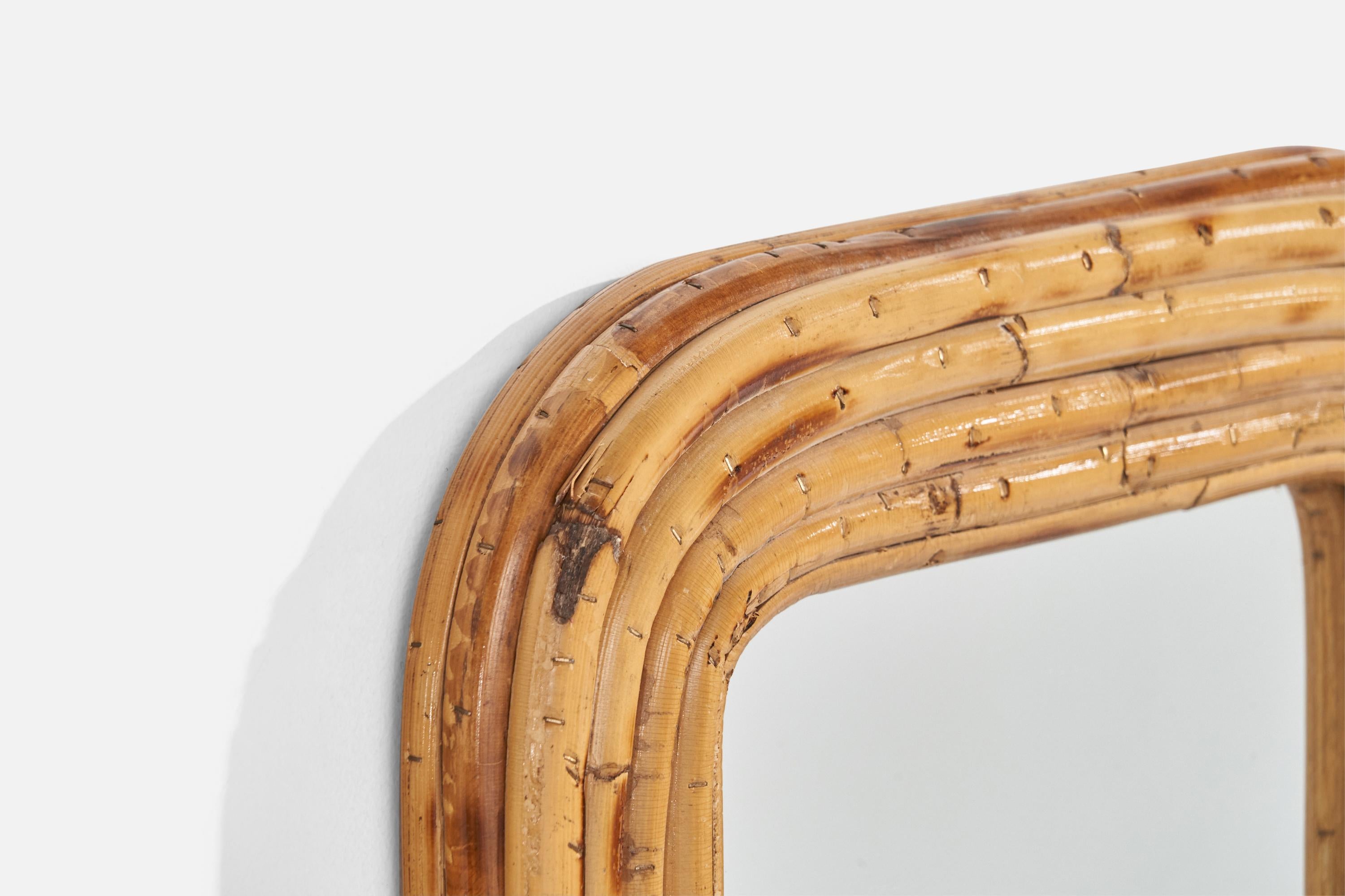 Italian Designer, Wall Mirror, Rattan, Mirror Glass, Italy, c. 1950s In Good Condition For Sale In High Point, NC