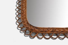 Italienischer Designer, Wandspiegel, Rattan, Spiegelglas, Italien, ca. 1950er Jahre