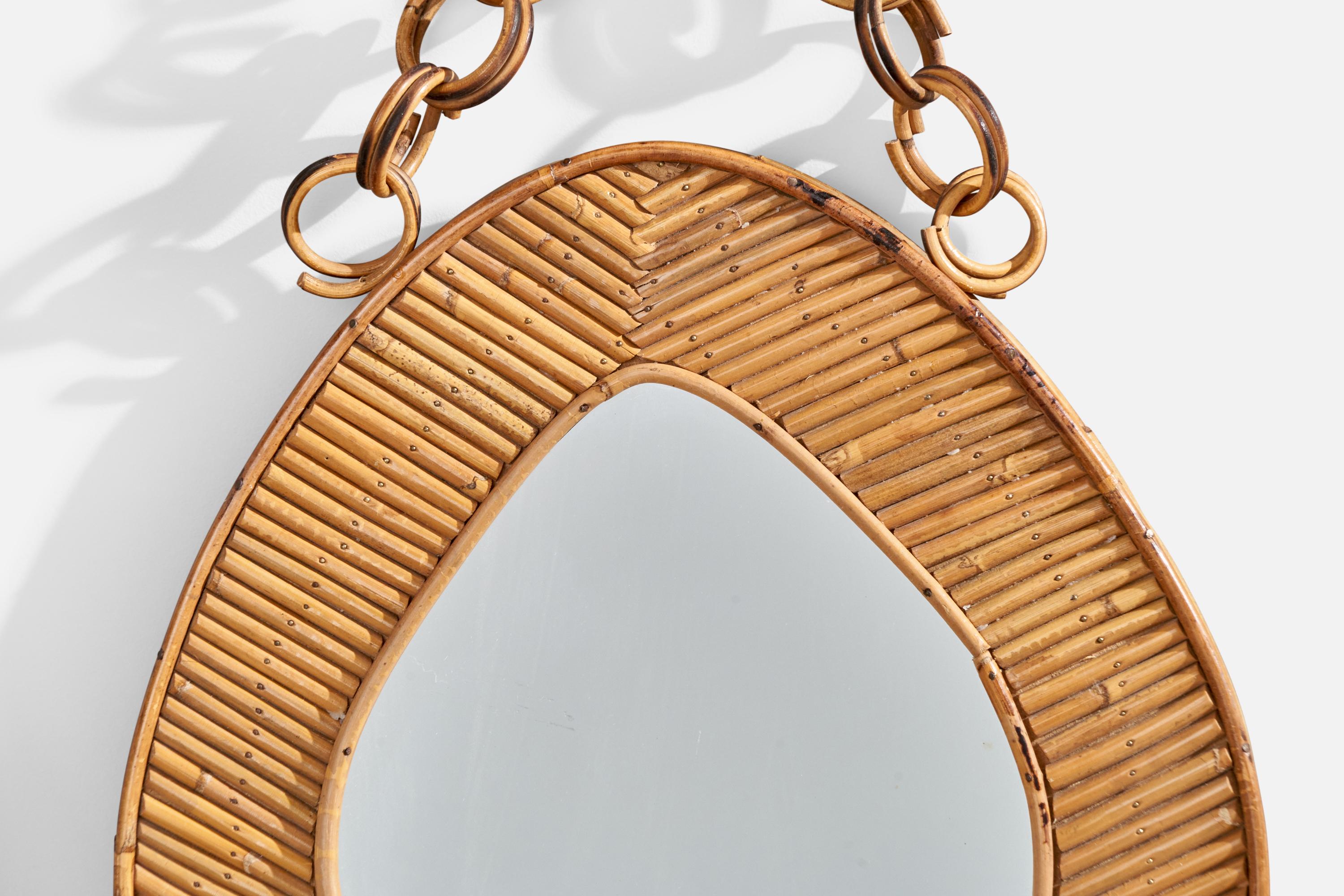 Italian Designer, Wall Mirror, Rattan, Mirror Glass, Italy, c. 1950s For Sale 1