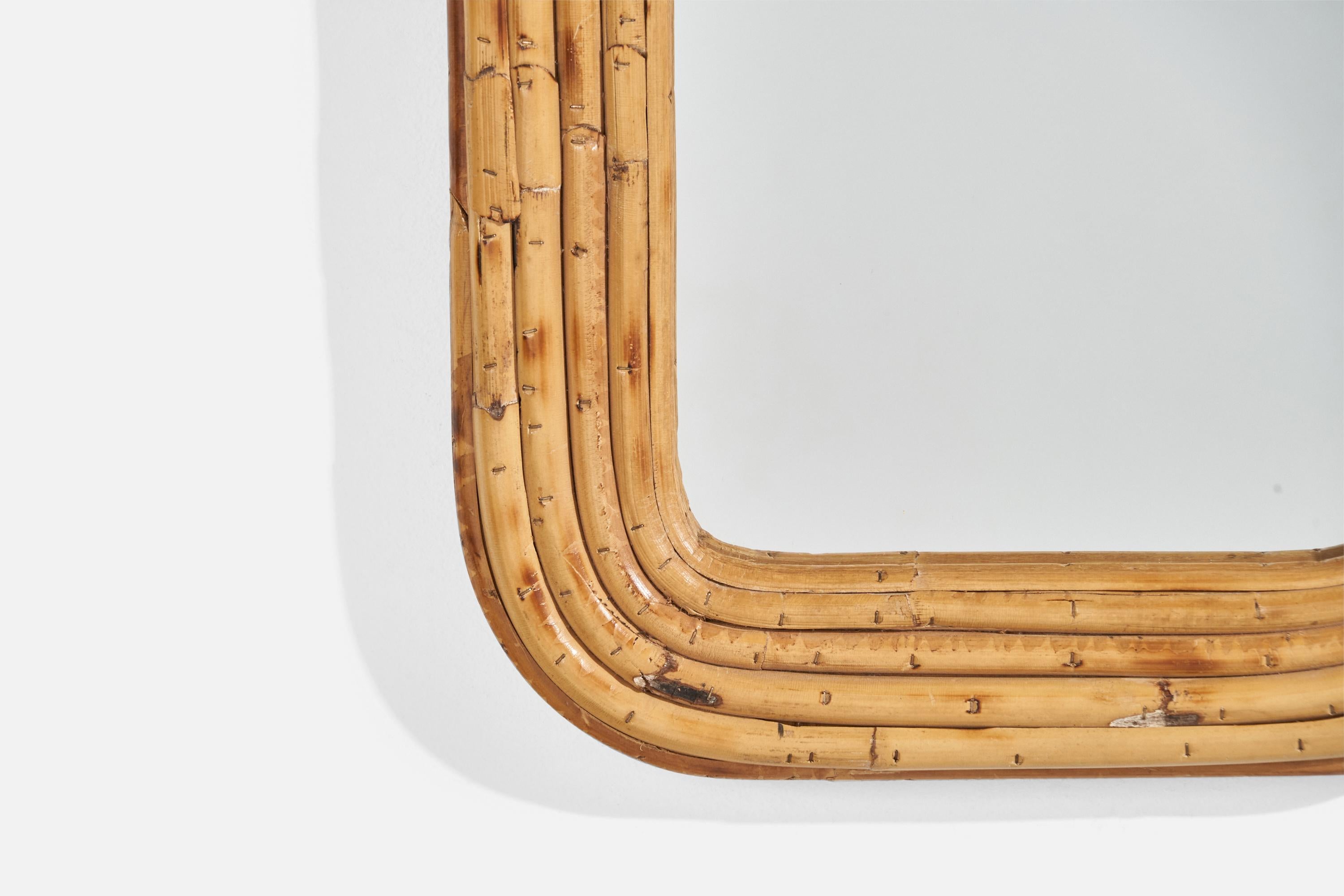 Italian Designer, Wall Mirror, Rattan, Mirror Glass, Italy, c. 1950s For Sale 1