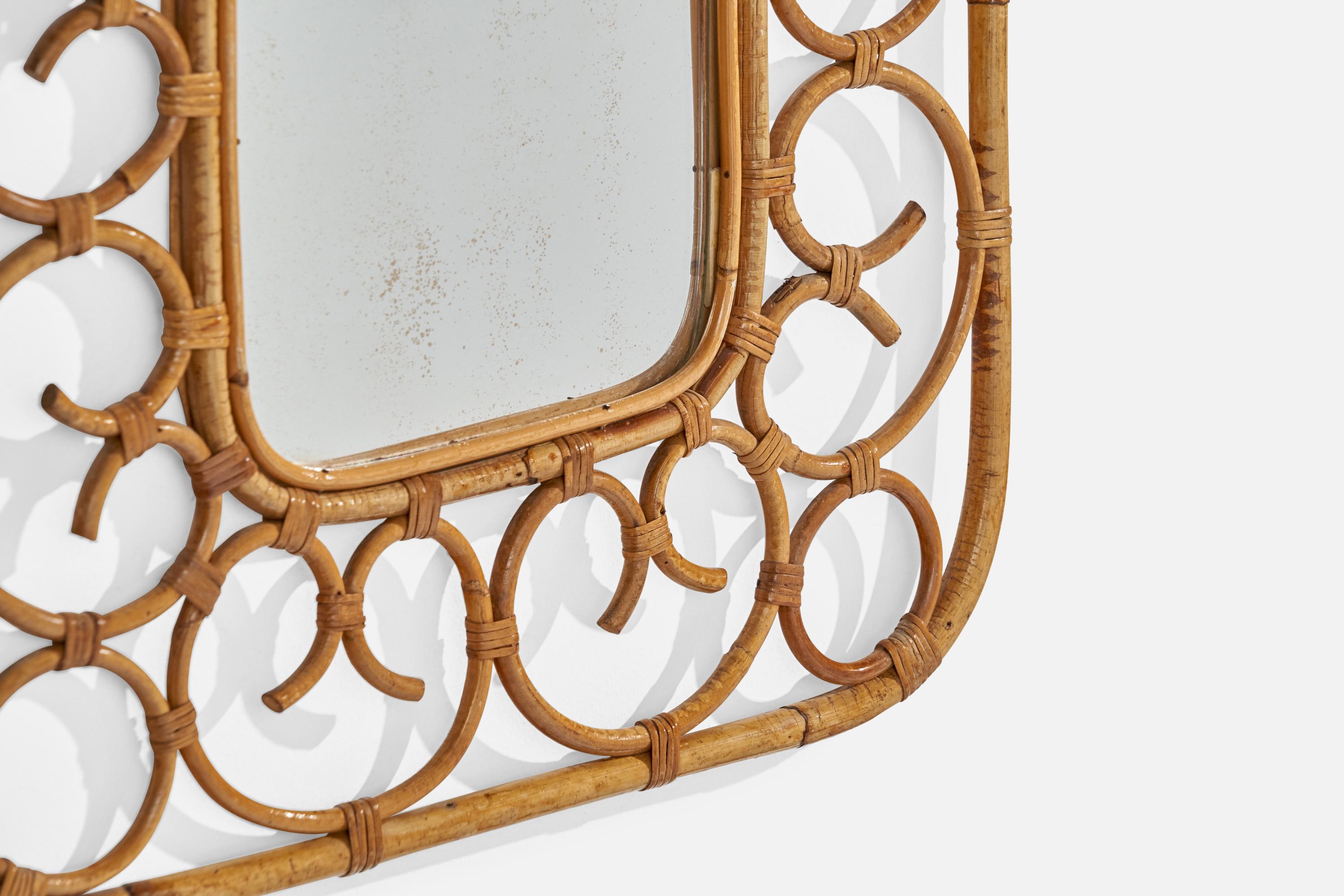 Miroir mural de designer italien, rotin, miroir en verre, Italie, c.1950s en vente 2