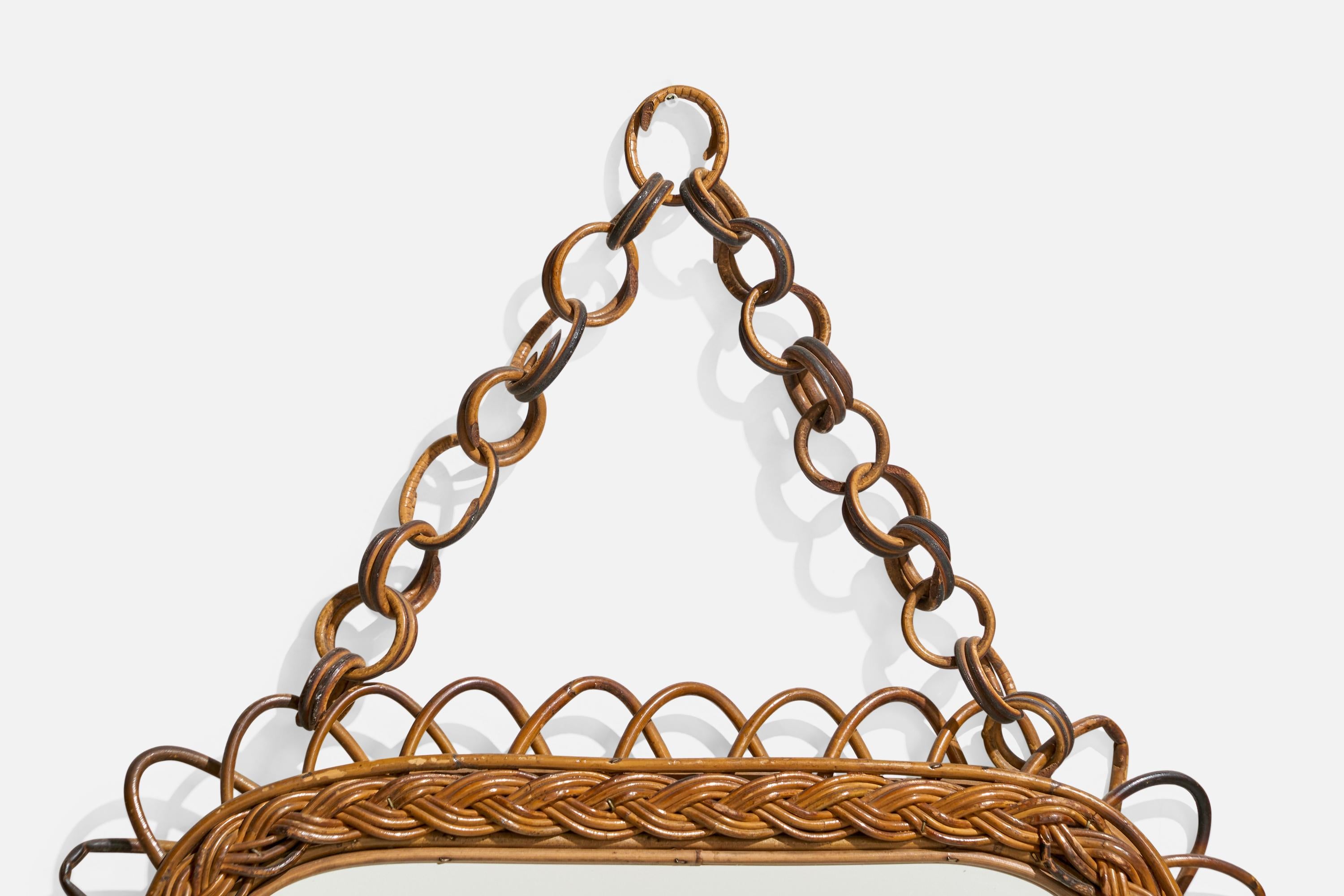Italienischer Designer, Wandspiegel, Rattan, Spiegelglas, Italien, ca. 1950er Jahre (Mitte des 20. Jahrhunderts) im Angebot