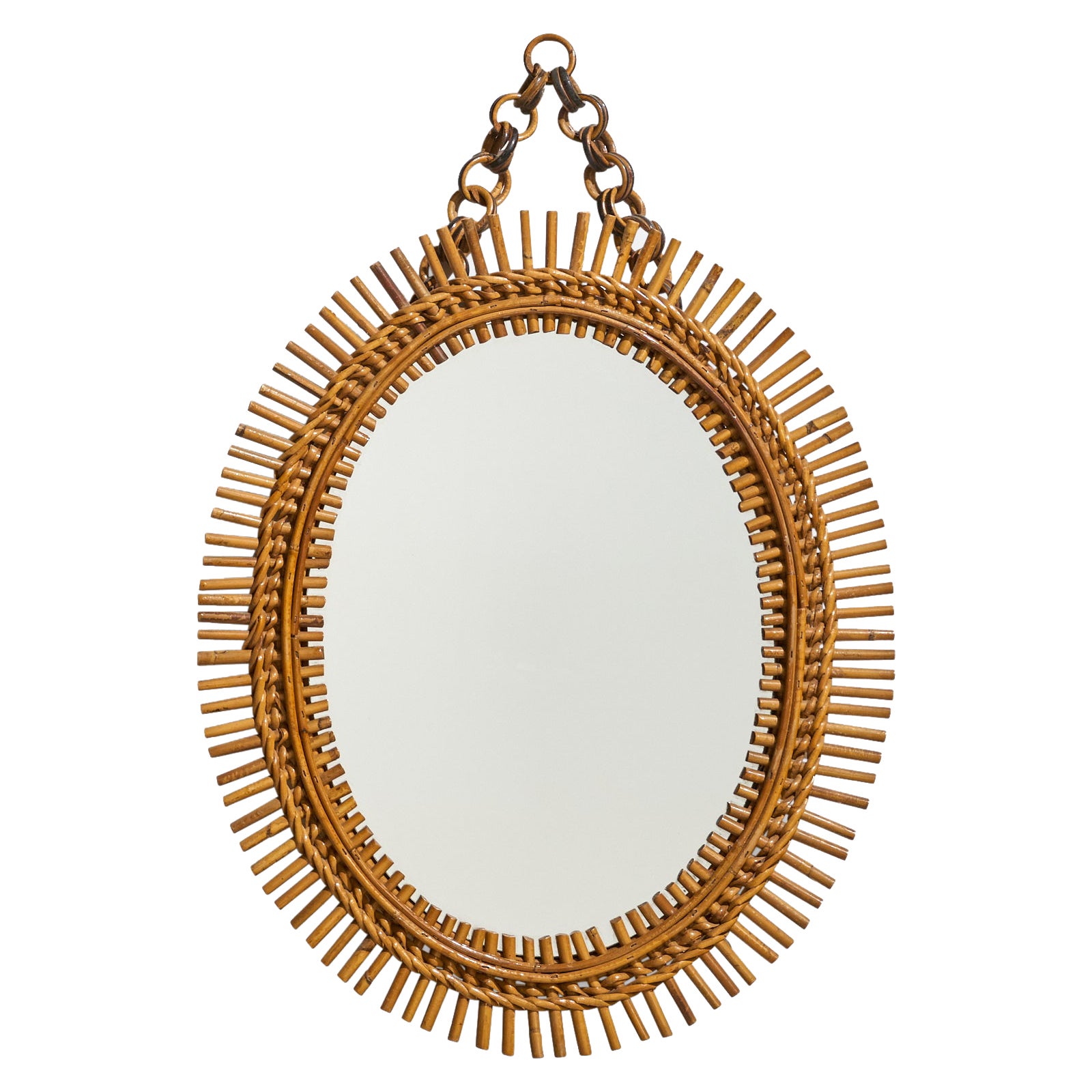 Italian Designer, Wall Mirror, Rattan, Mirror Glass, Italy, c. 1950s