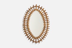Diseñador italiano, Espejo de pared, ratán, espejo de cristal, Italia, c. 1950