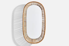 Diseñador italiano, Espejo de pared, ratán, espejo de cristal, Italia, c. 1950