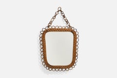 Italienischer Designer, Wandspiegel, Rattan, Spiegelglas, Italien, ca. 1950er Jahre