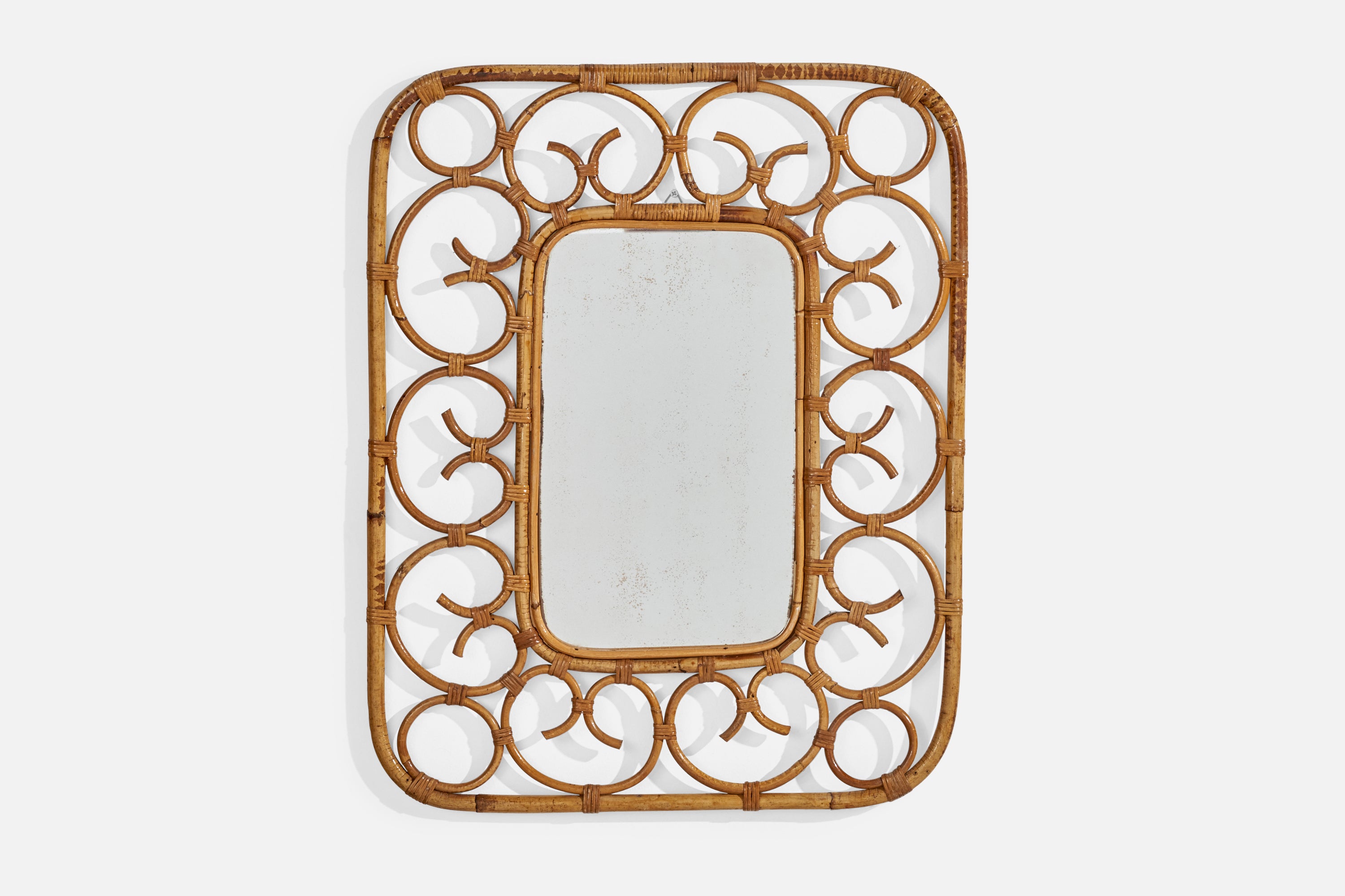 Miroir mural de designer italien, rotin, miroir en verre, Italie, c.1950s