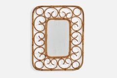 Diseñador italiano, Espejo de pared, ratán, espejo de cristal, Italia, c. 1950