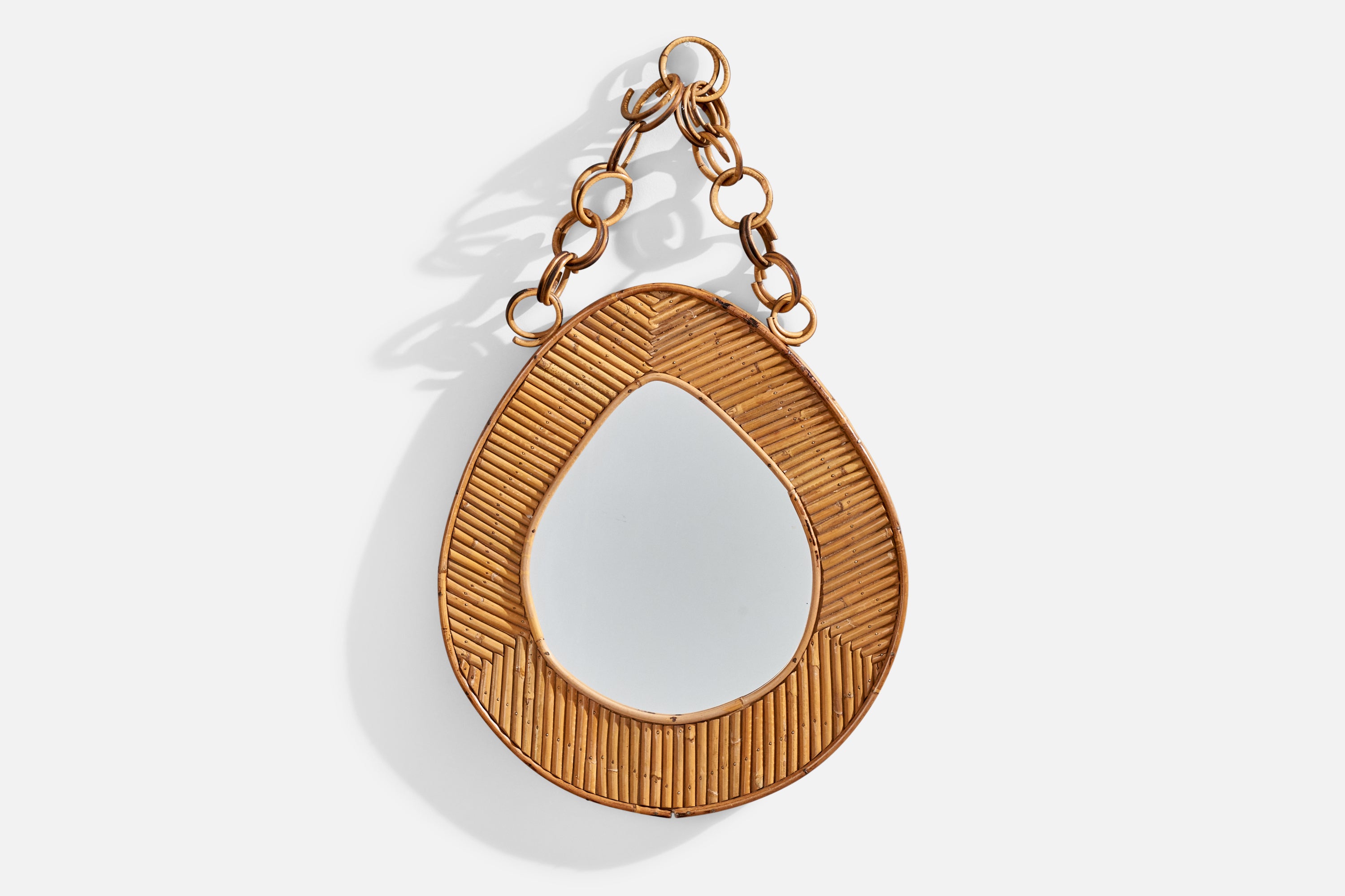 Italian Designer, Wall Mirror, Rattan, Mirror Glass, Italy, c. 1950s For Sale