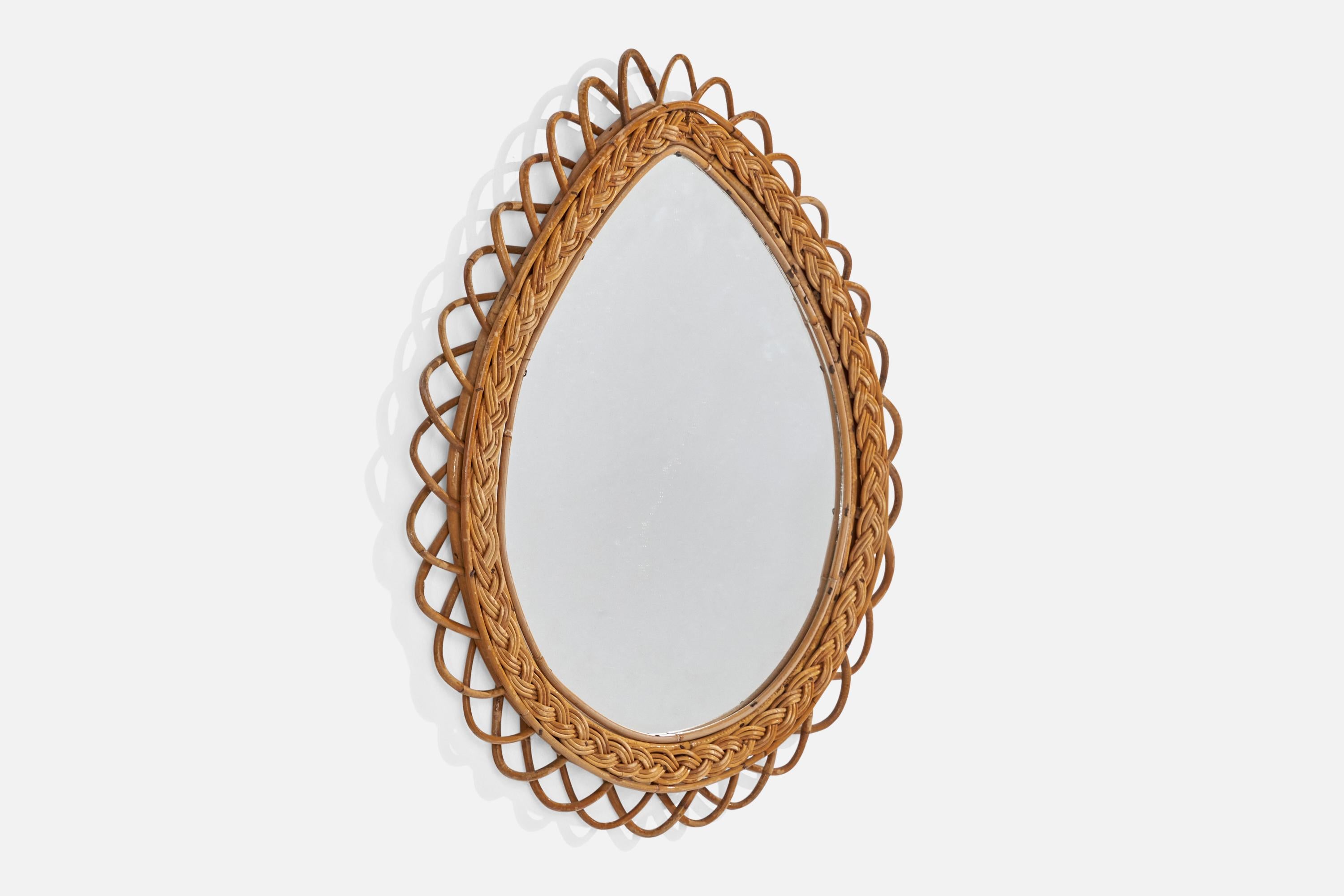 Mid-Century Modern Italian Designer, Wall Mirror, Rattan, Mirror Glass, Italy, C. 1960s For Sale