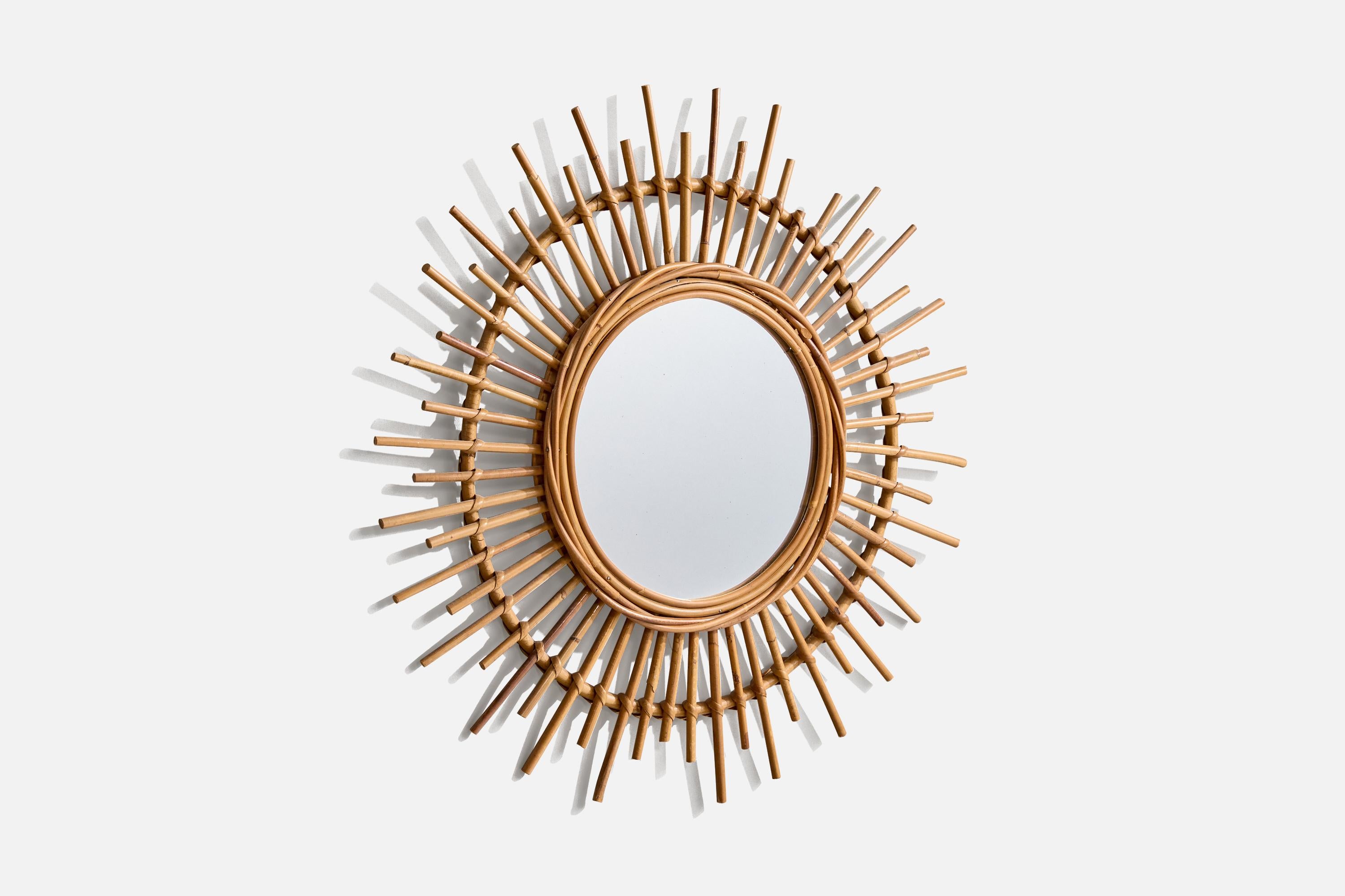 Mid-Century Modern Italian Designer, Wall Mirror, Rattan, Mirror Glass, Italy, C. 1960s For Sale