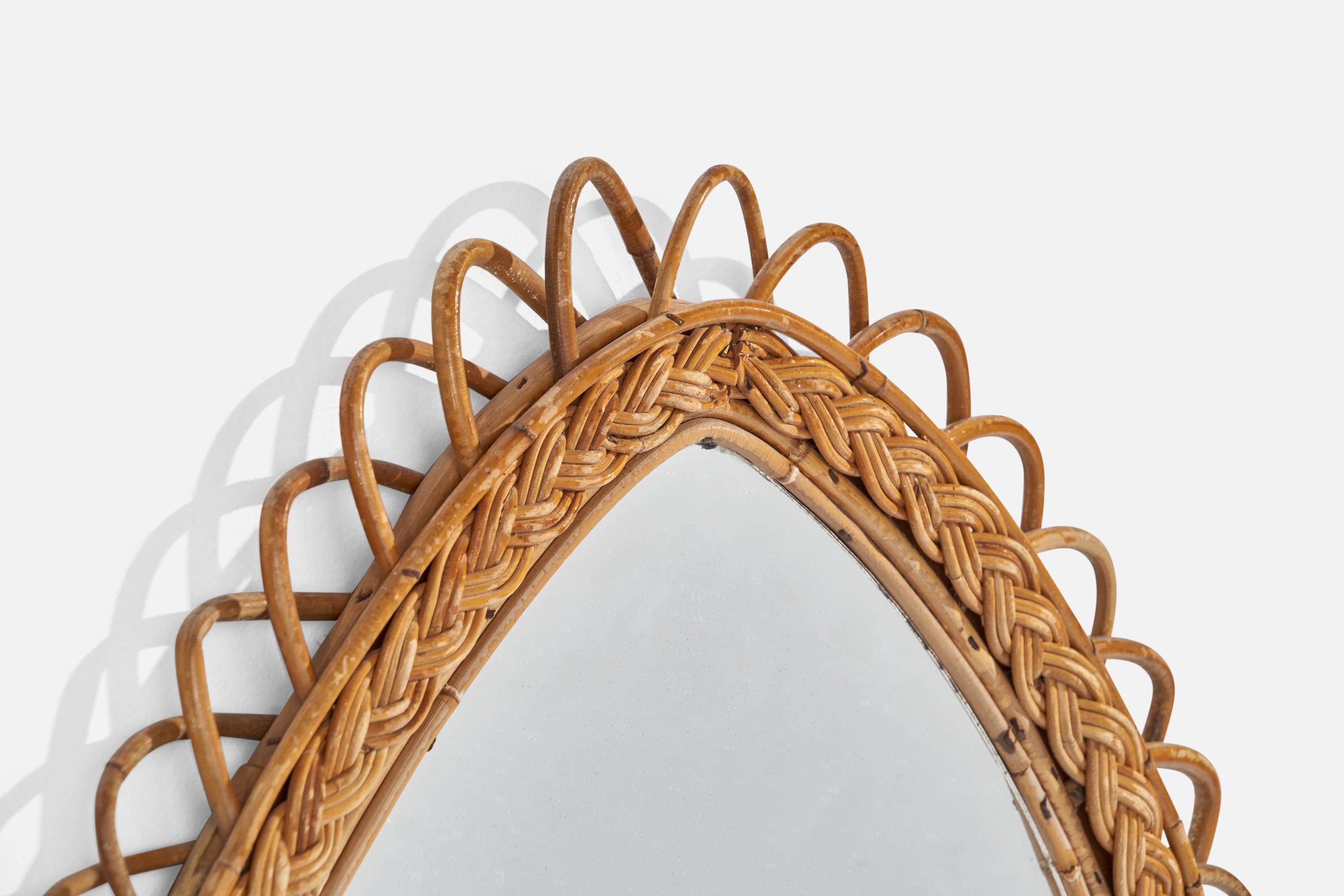 Italian Designer, Wall Mirror, Rattan, Mirror Glass, Italy, C. 1960s In Good Condition For Sale In High Point, NC
