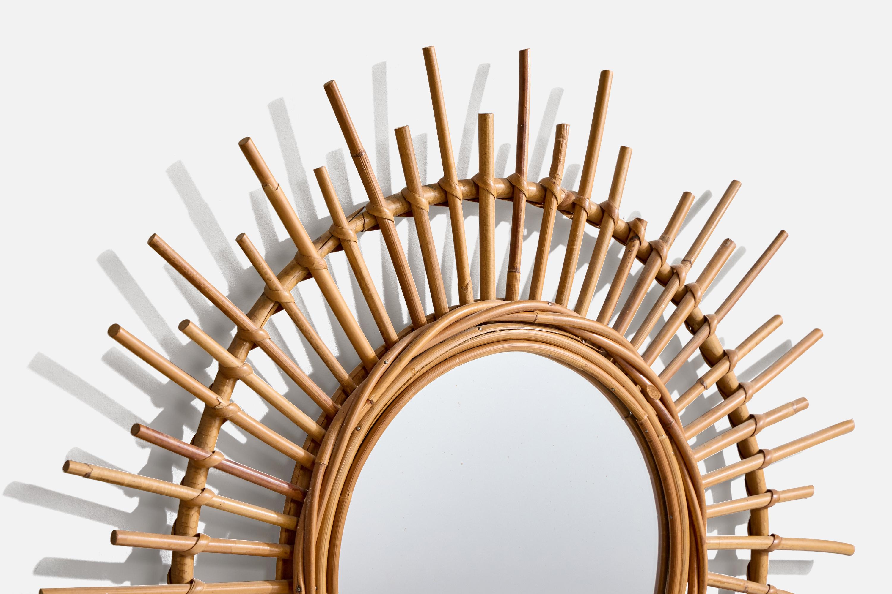 Italian Designer, Wall Mirror, Rattan, Mirror Glass, Italy, C. 1960s In Good Condition For Sale In High Point, NC