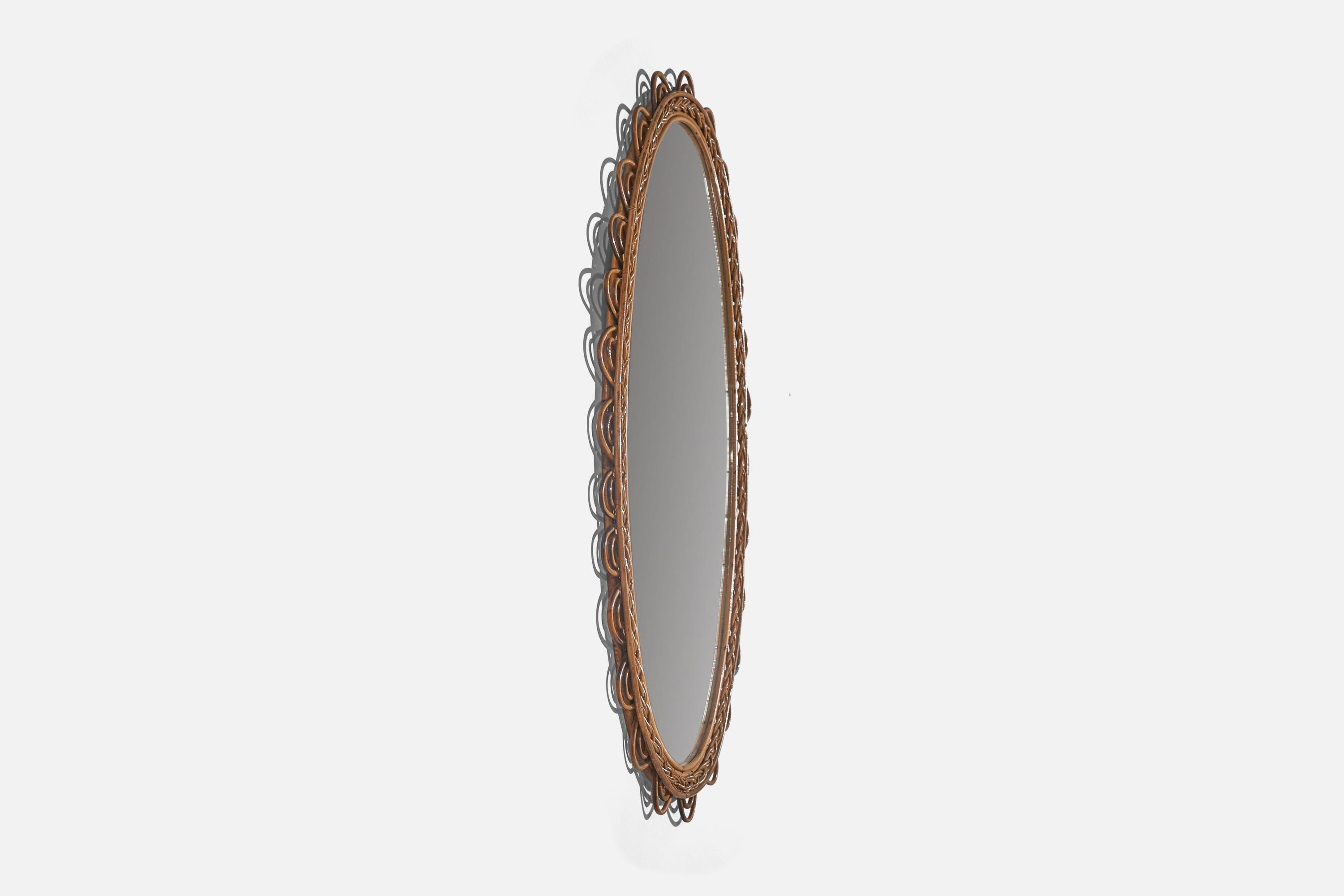 Italian Designer, Wall Mirror, Rattan, Mirror Glass, Italy, c. 1960s In Good Condition In High Point, NC