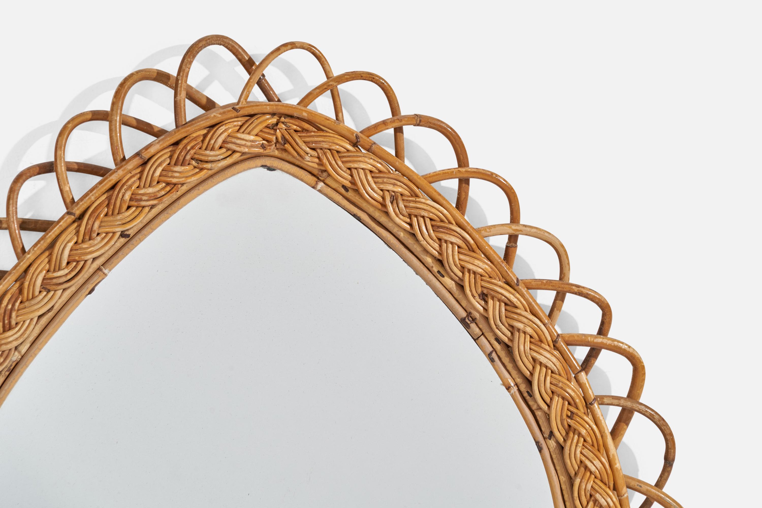 Mid-20th Century Italian Designer, Wall Mirror, Rattan, Mirror Glass, Italy, C. 1960s For Sale
