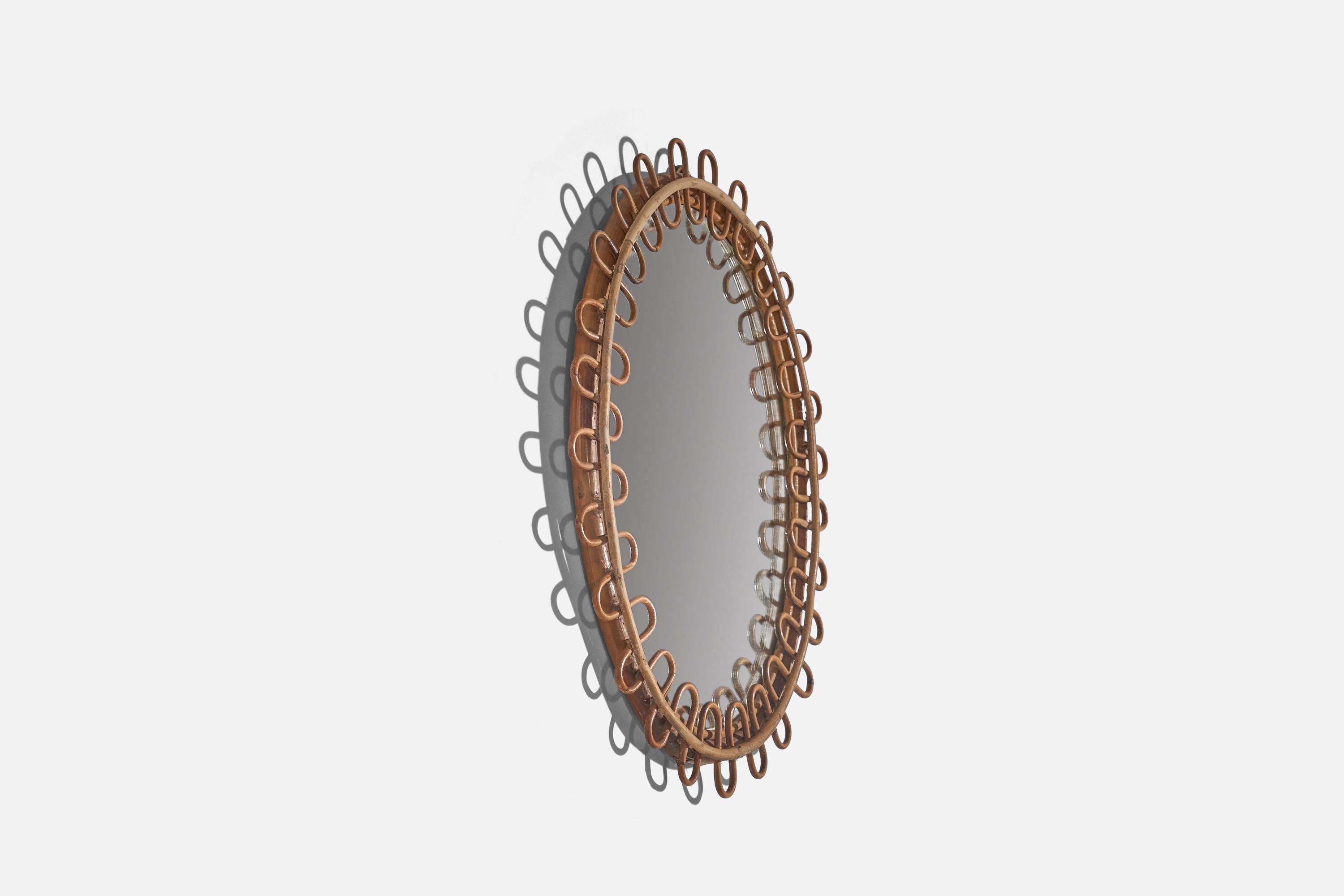 Mid-20th Century Italian Designer, Wall Mirror, Rattan, Mirror Glass, Italy, c. 1960s For Sale