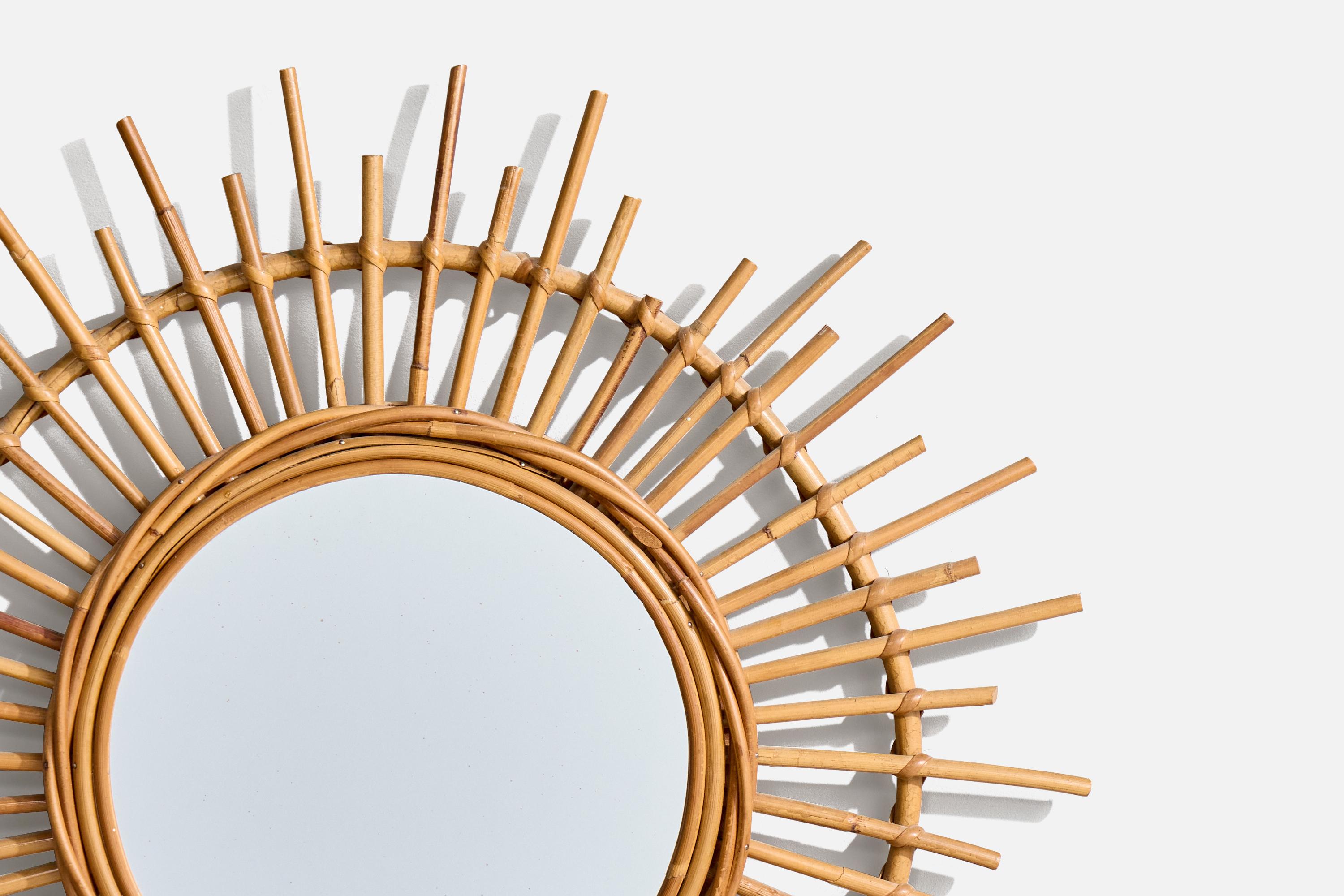 Mid-20th Century Italian Designer, Wall Mirror, Rattan, Mirror Glass, Italy, C. 1960s For Sale