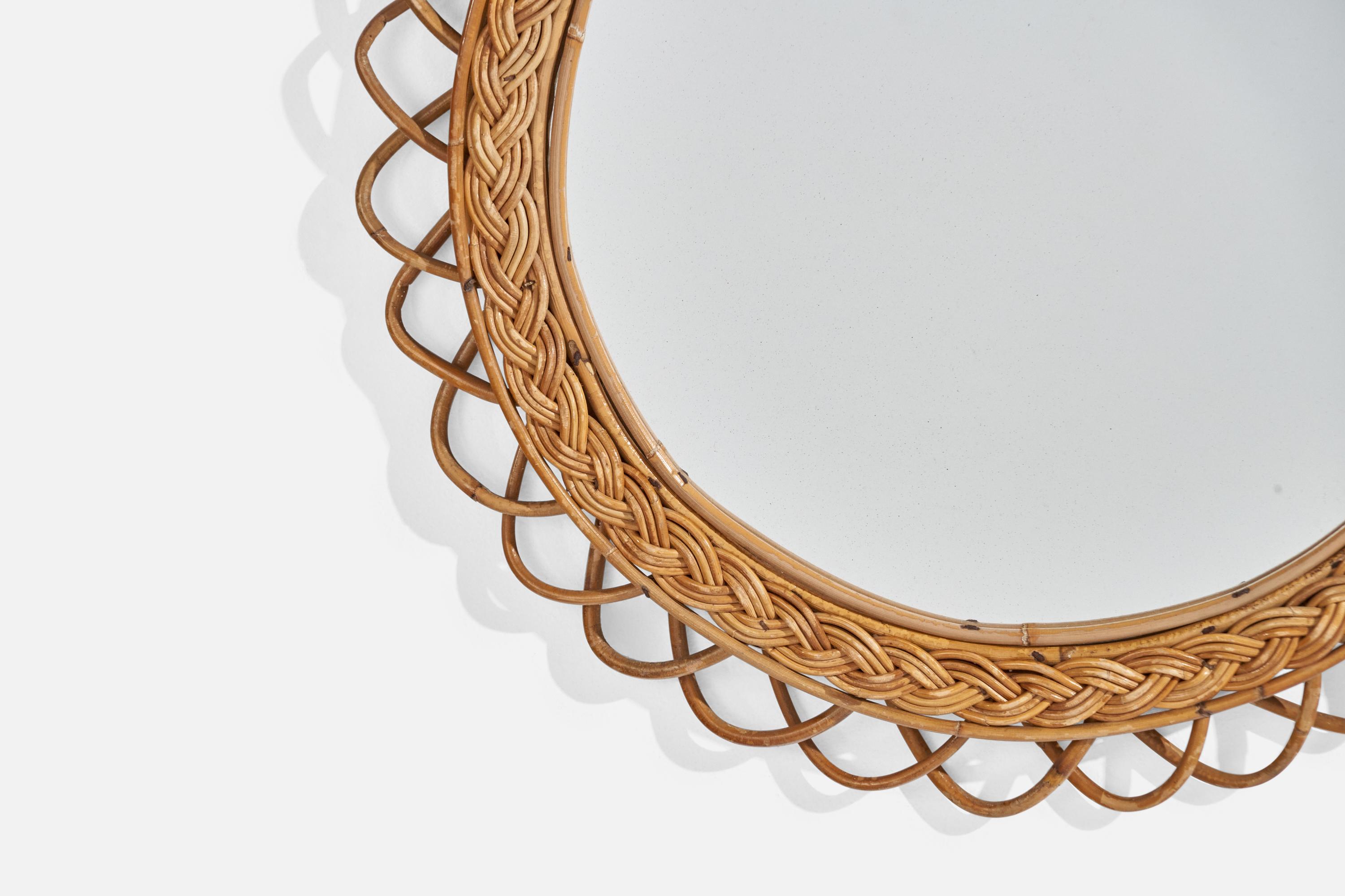 Italian Designer, Wall Mirror, Rattan, Mirror Glass, Italy, C. 1960s For Sale 1