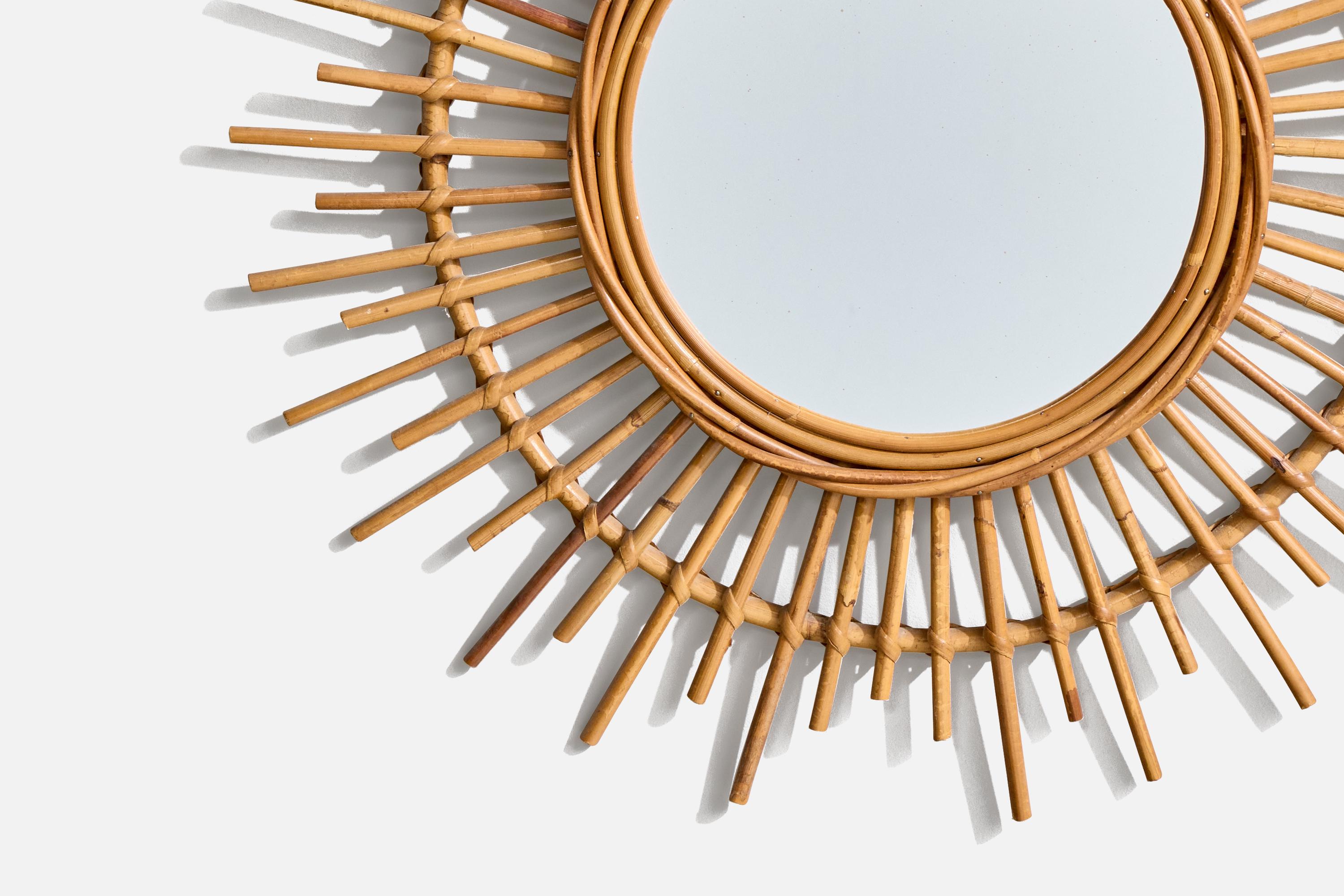 Italian Designer, Wall Mirror, Rattan, Mirror Glass, Italy, C. 1960s For Sale 1