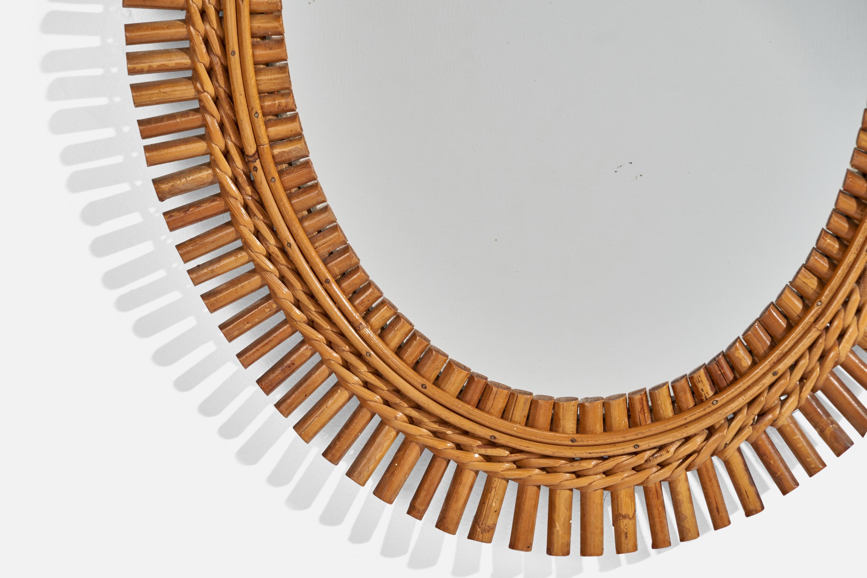 Rotin Designer italien, miroir mural, rotin, verre miroir, Italie, vers les années 1960 en vente