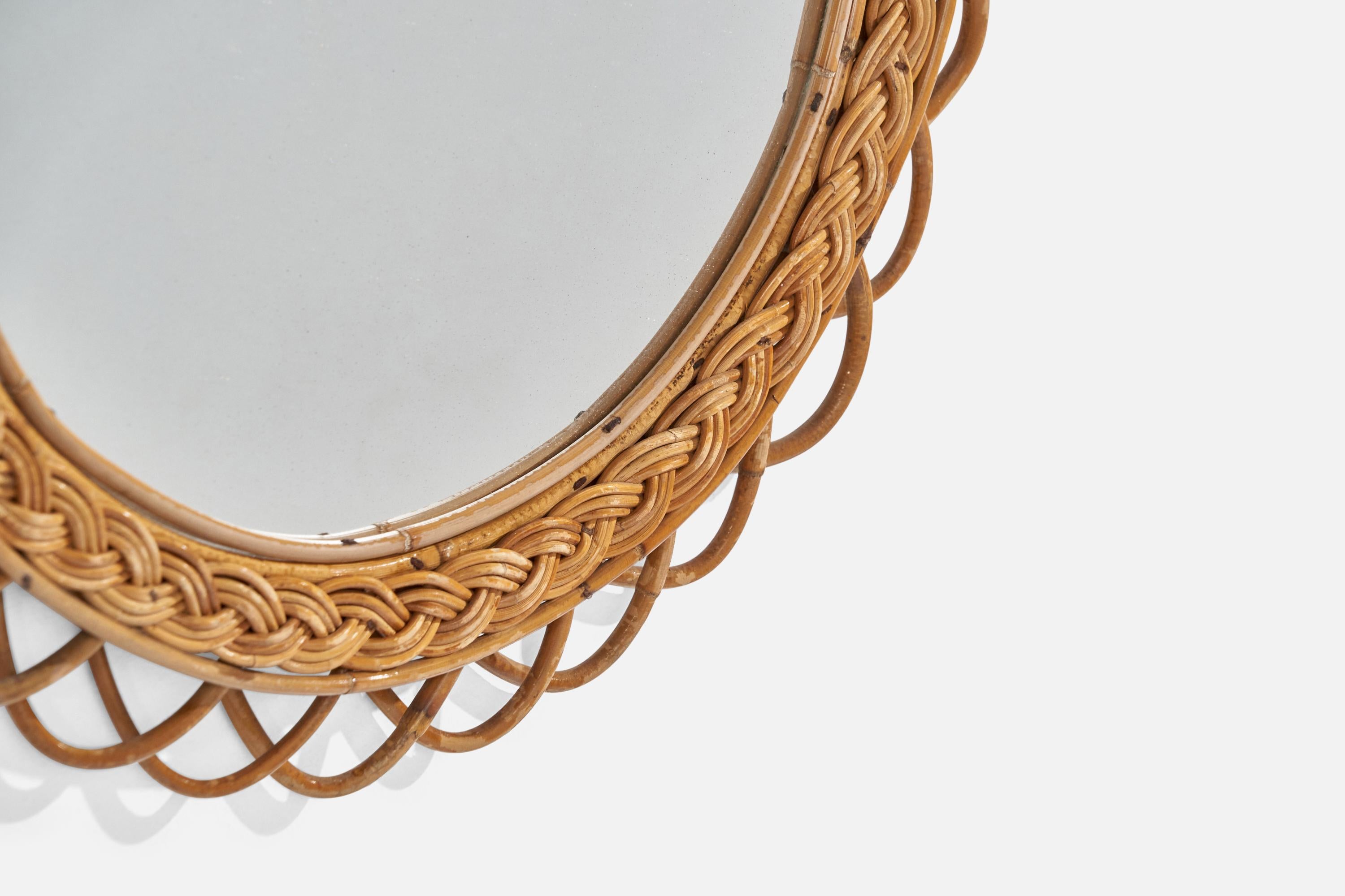 Italian Designer, Wall Mirror, Rattan, Mirror Glass, Italy, C. 1960s For Sale 2