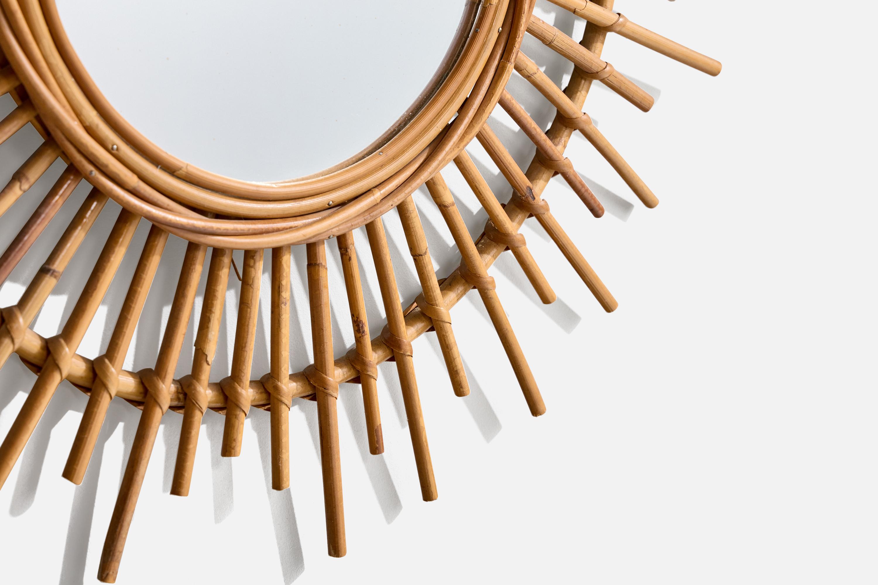 Italian Designer, Wall Mirror, Rattan, Mirror Glass, Italy, C. 1960s For Sale 2