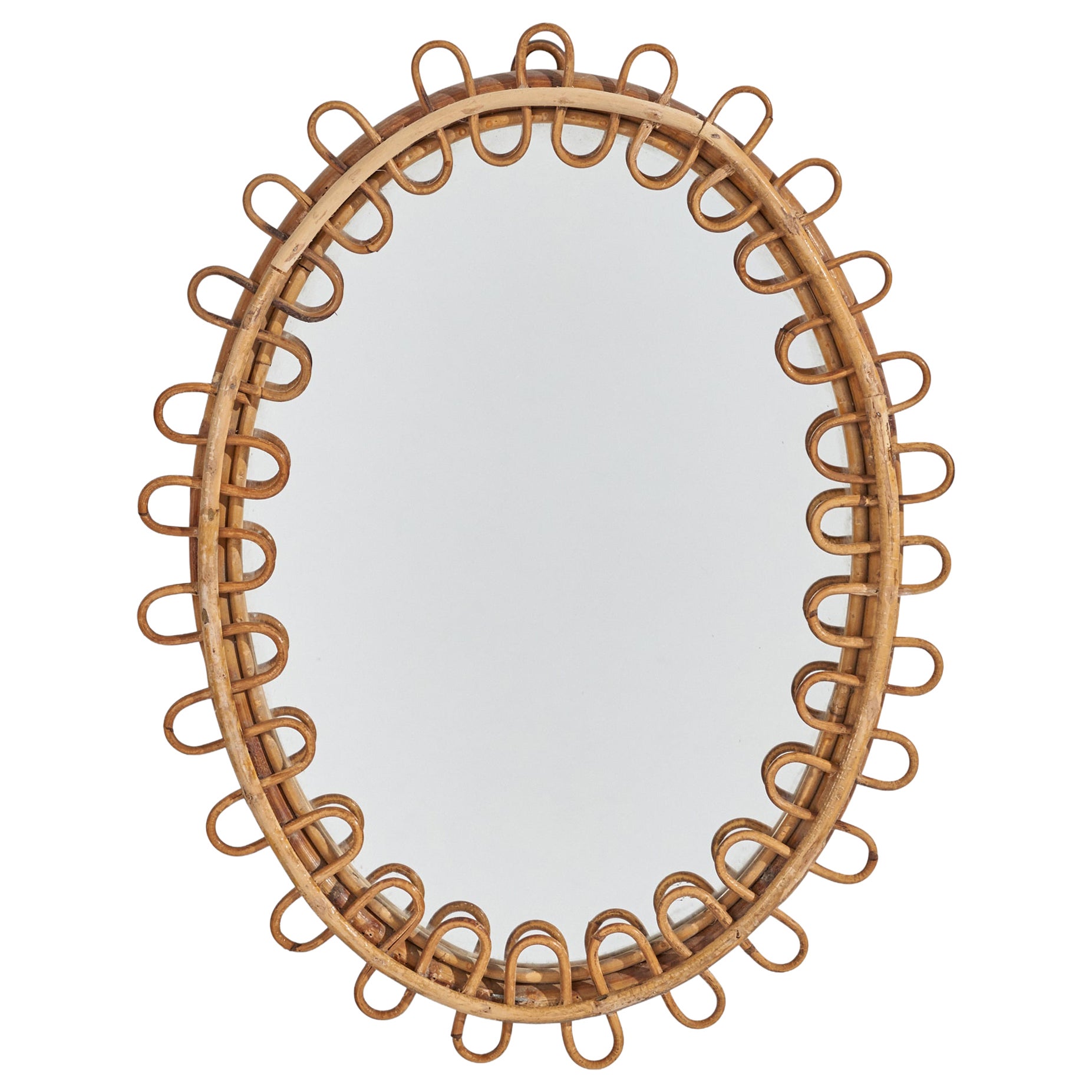 Italian Designer, Wall Mirror, Rattan, Mirror Glass, Italy, c. 1960s