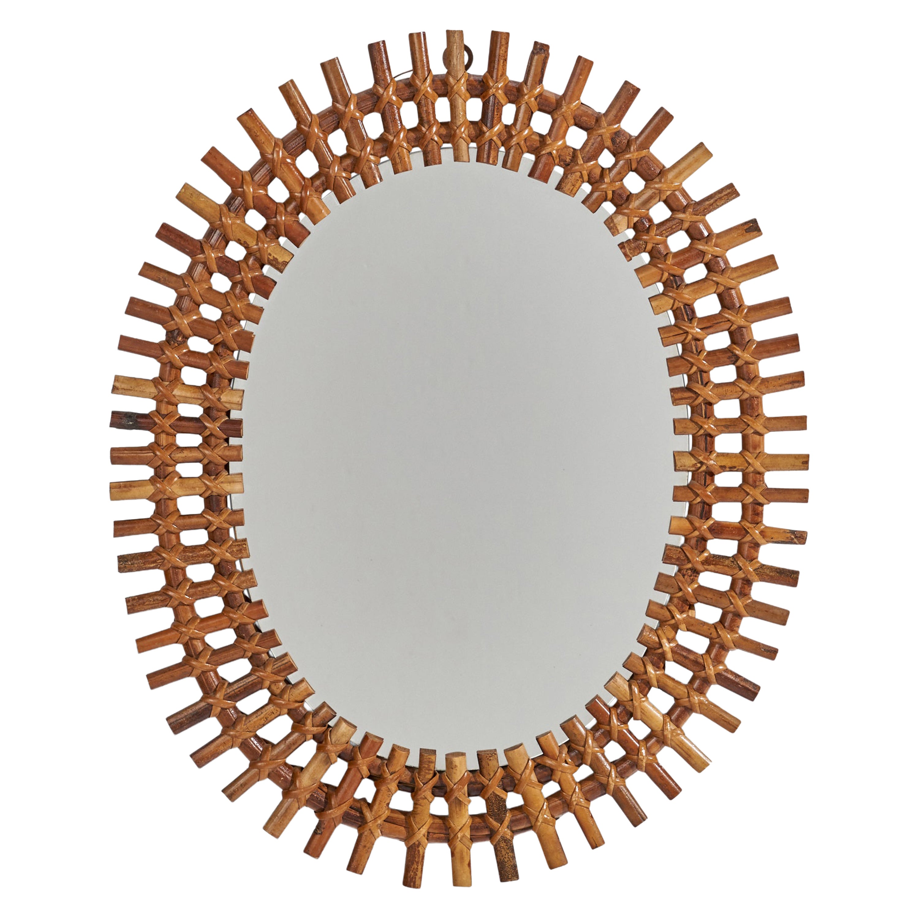 Italian Designer, Wall Mirror, Rattan, Mirror, Italy, C. 1950s
