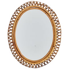 Designer italien, miroir mural ovale, rotin, miroir, Italie, c.C. 1950s