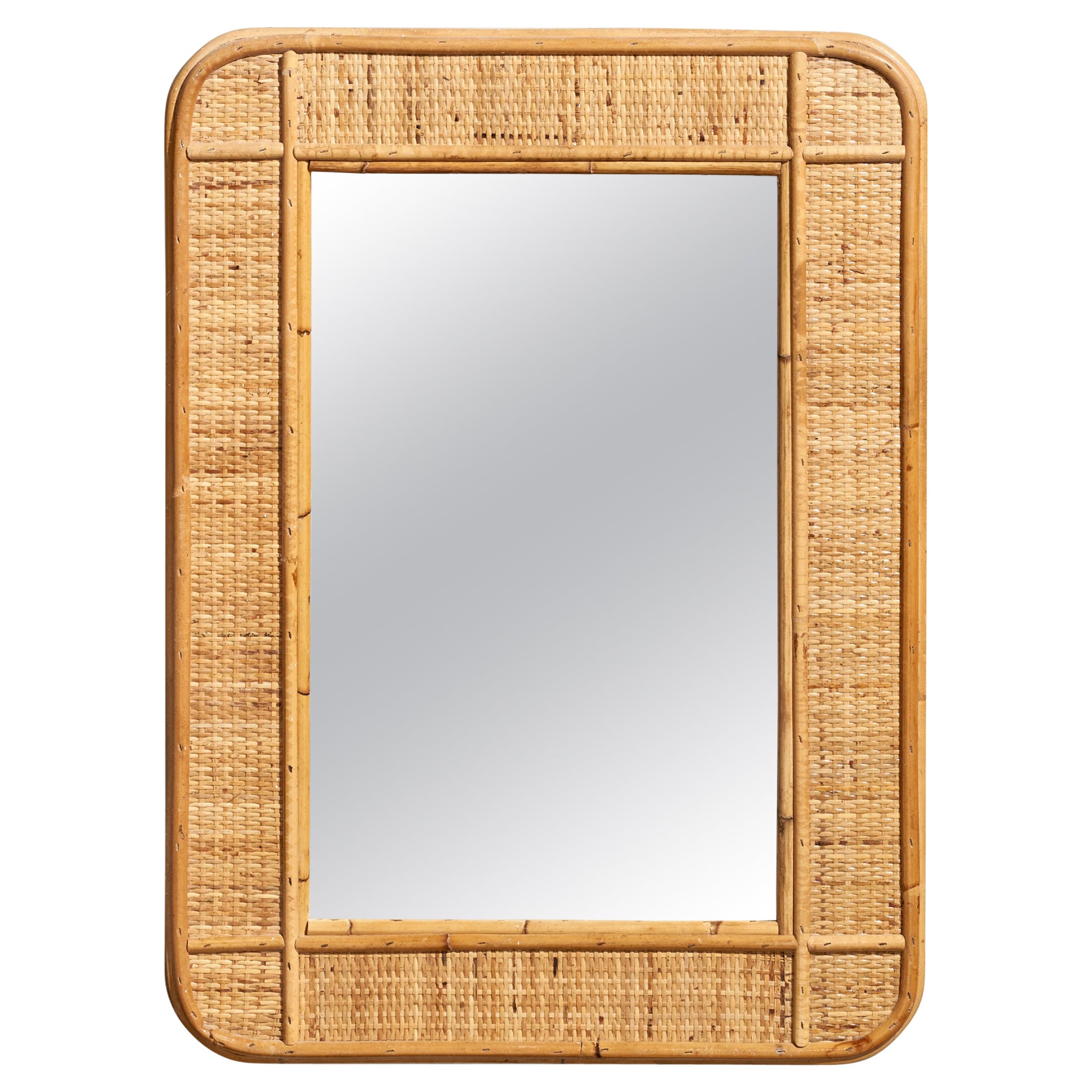 Diseñador italiano, espejo rectangular de pared, ratán, espejo, Italia, c. 1950 en venta