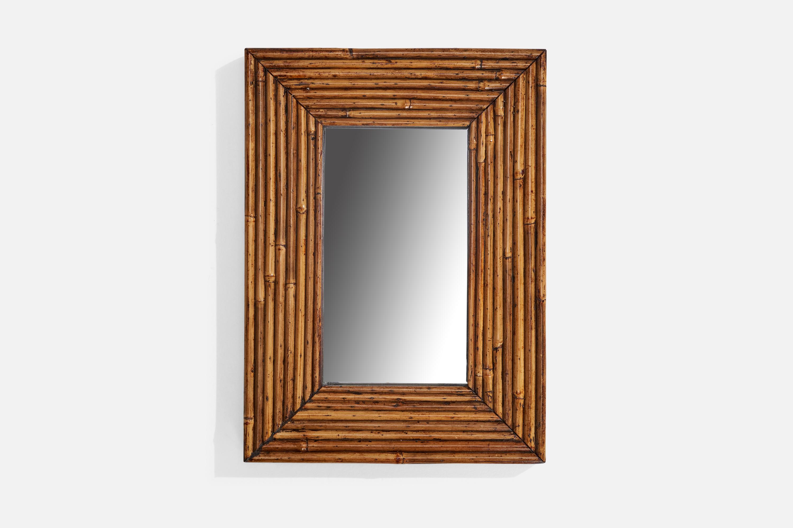 Miroir en bambou et en bois teinté foncé, conçu et produit en Italie, C.C.